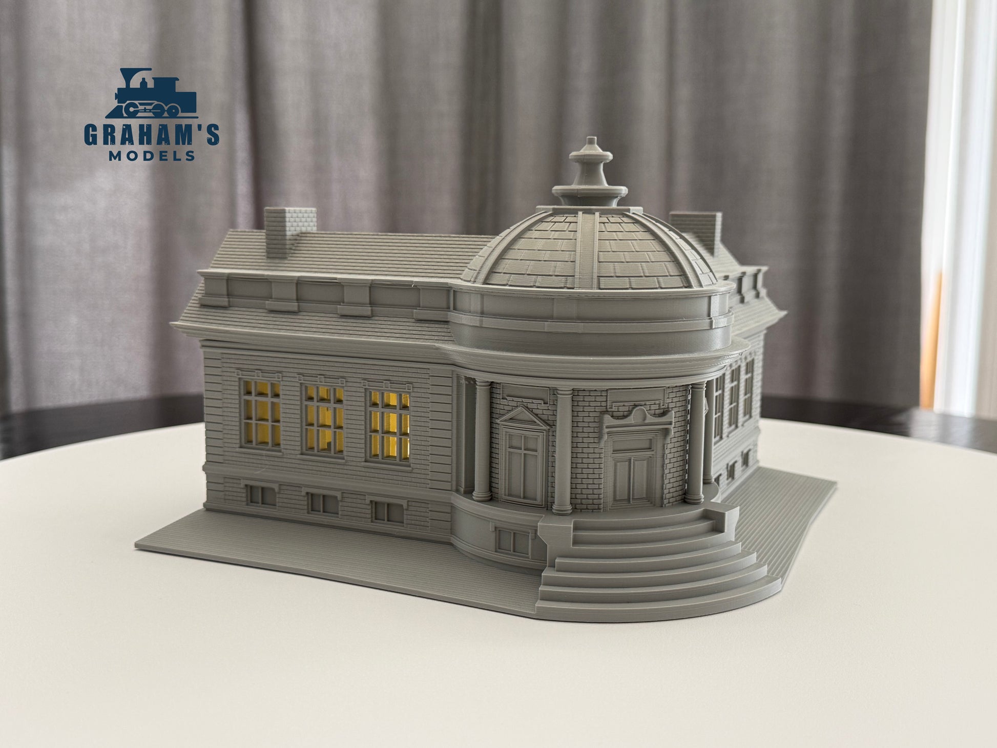 Preassembled HO scale library and city hall building by Graham’s Models, detailed 1:87 gauge model for model train layouts