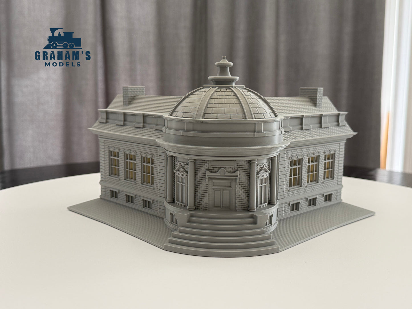 Preassembled HO scale library and city hall building by Graham’s Models, 1:87 gauge, with detailed architectural features.