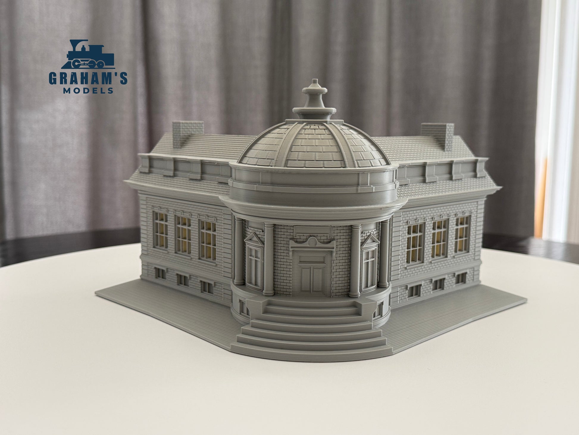 Preassembled HO scale library and city hall building by Graham’s Models, 1:87 gauge, with detailed architectural features.