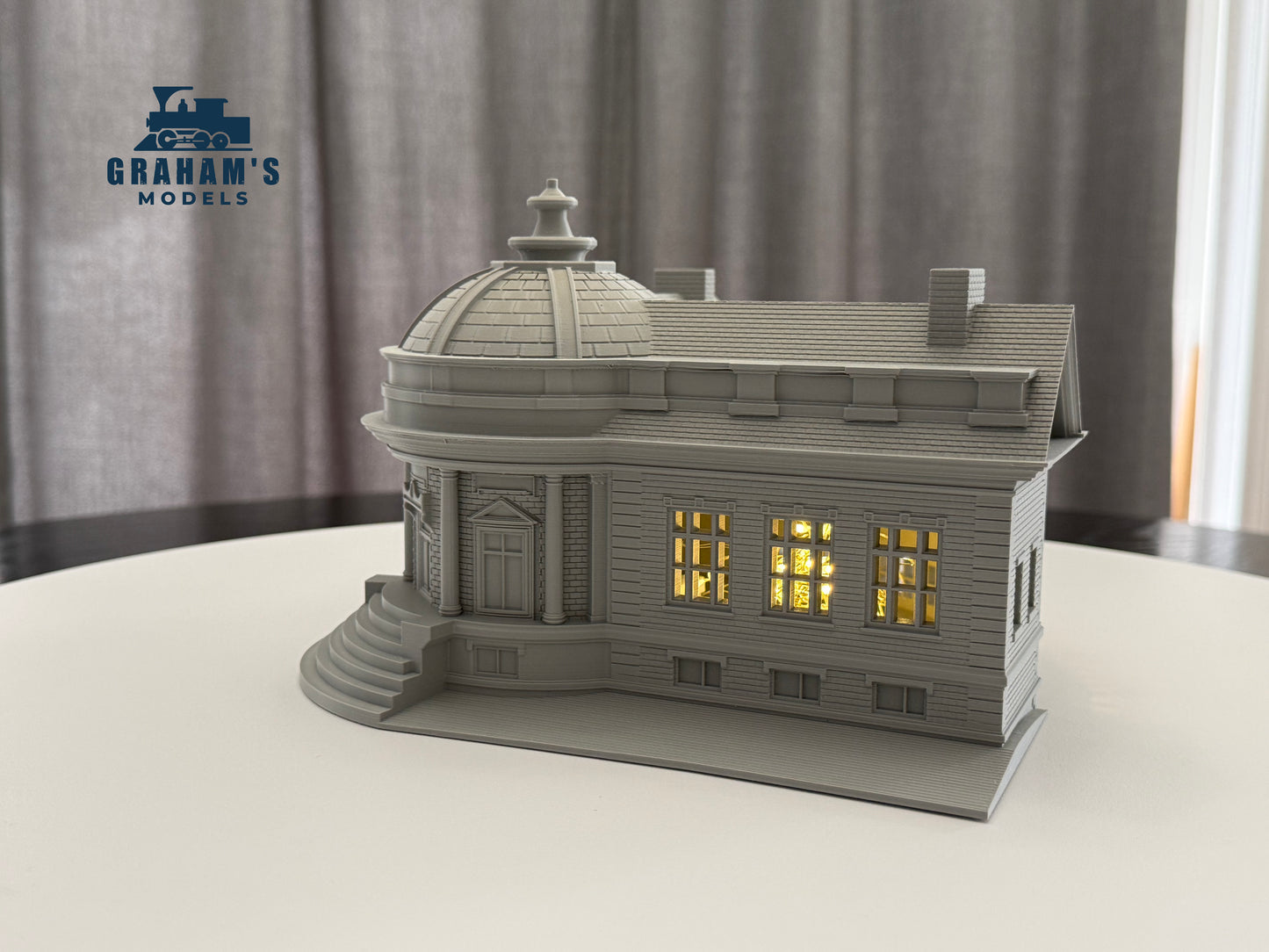 Preassembled HO scale library and city hall building by Graham’s Models for 1:87 gauge model train layouts.