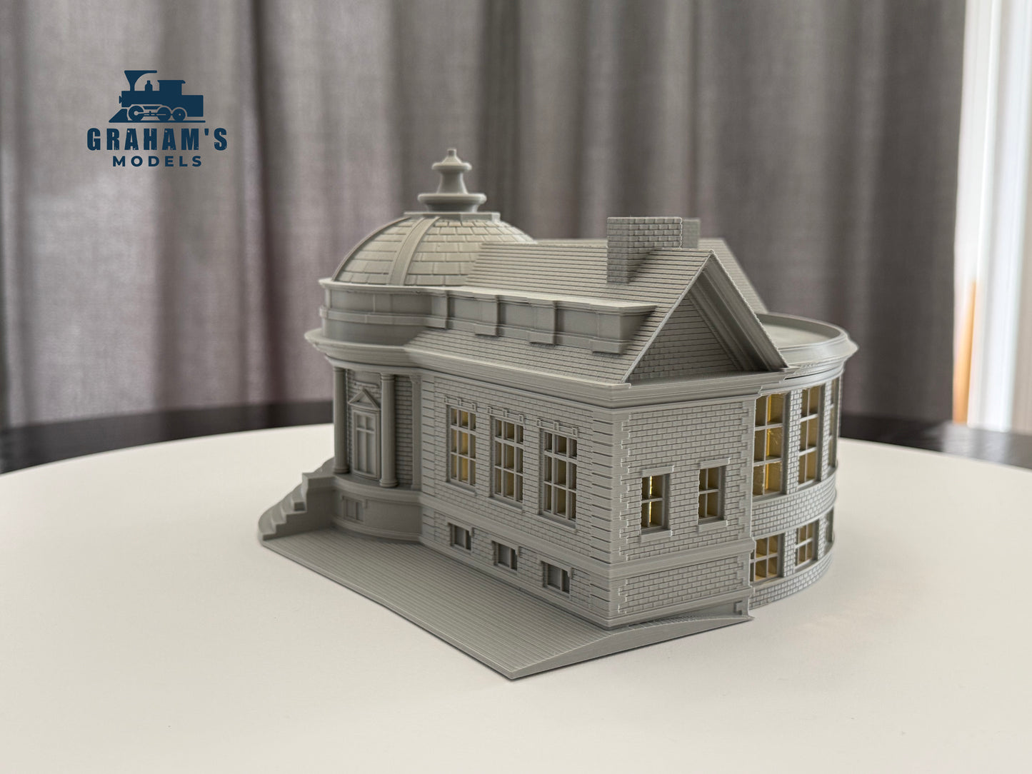 Preassembled HO scale library and city hall building model in 1:87 gauge by Graham’s Models, detailed and ready for display