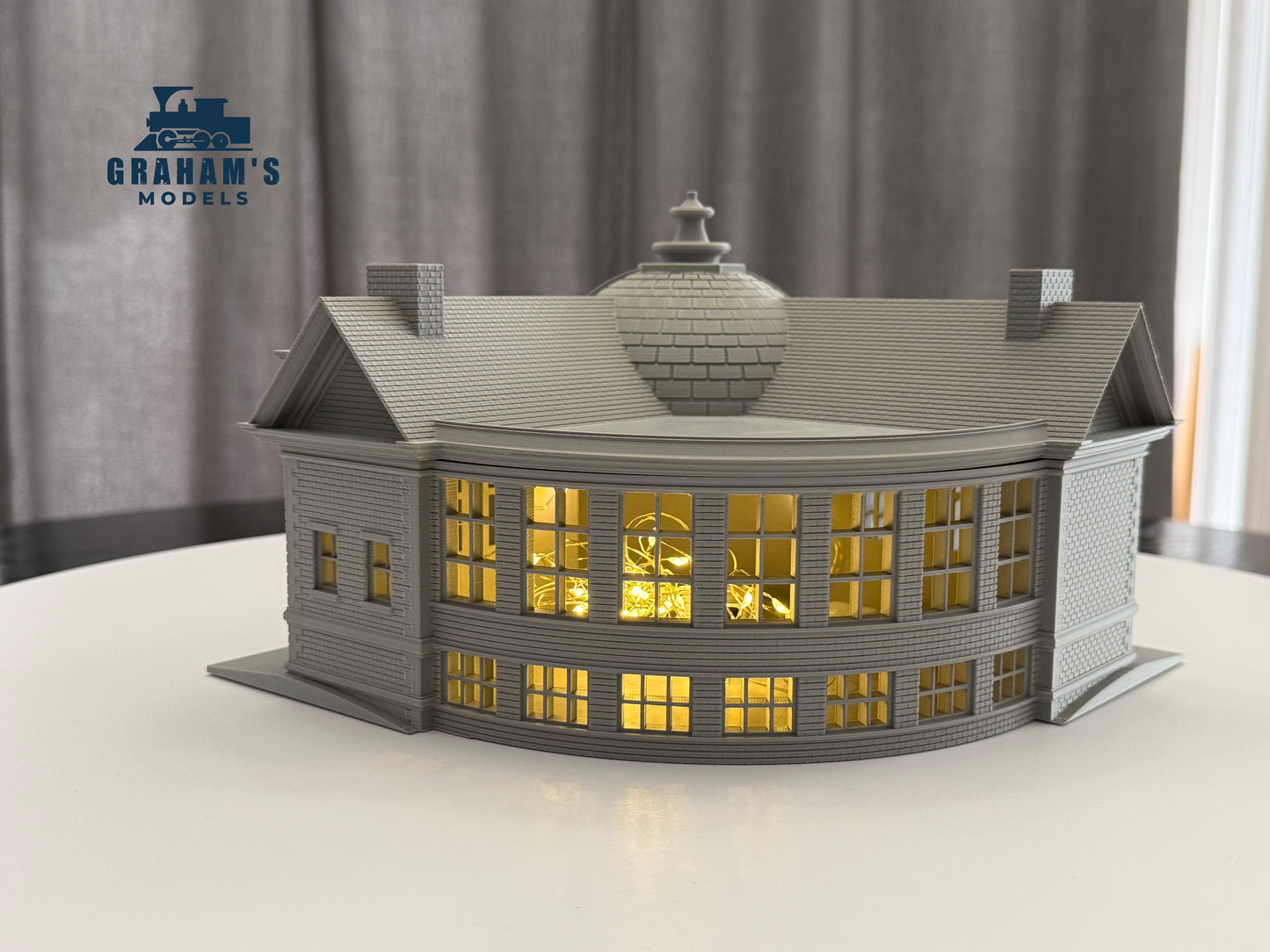 Preassembled HO scale library and city hall building by Graham’s Models for 1:87 gauge model train layouts.