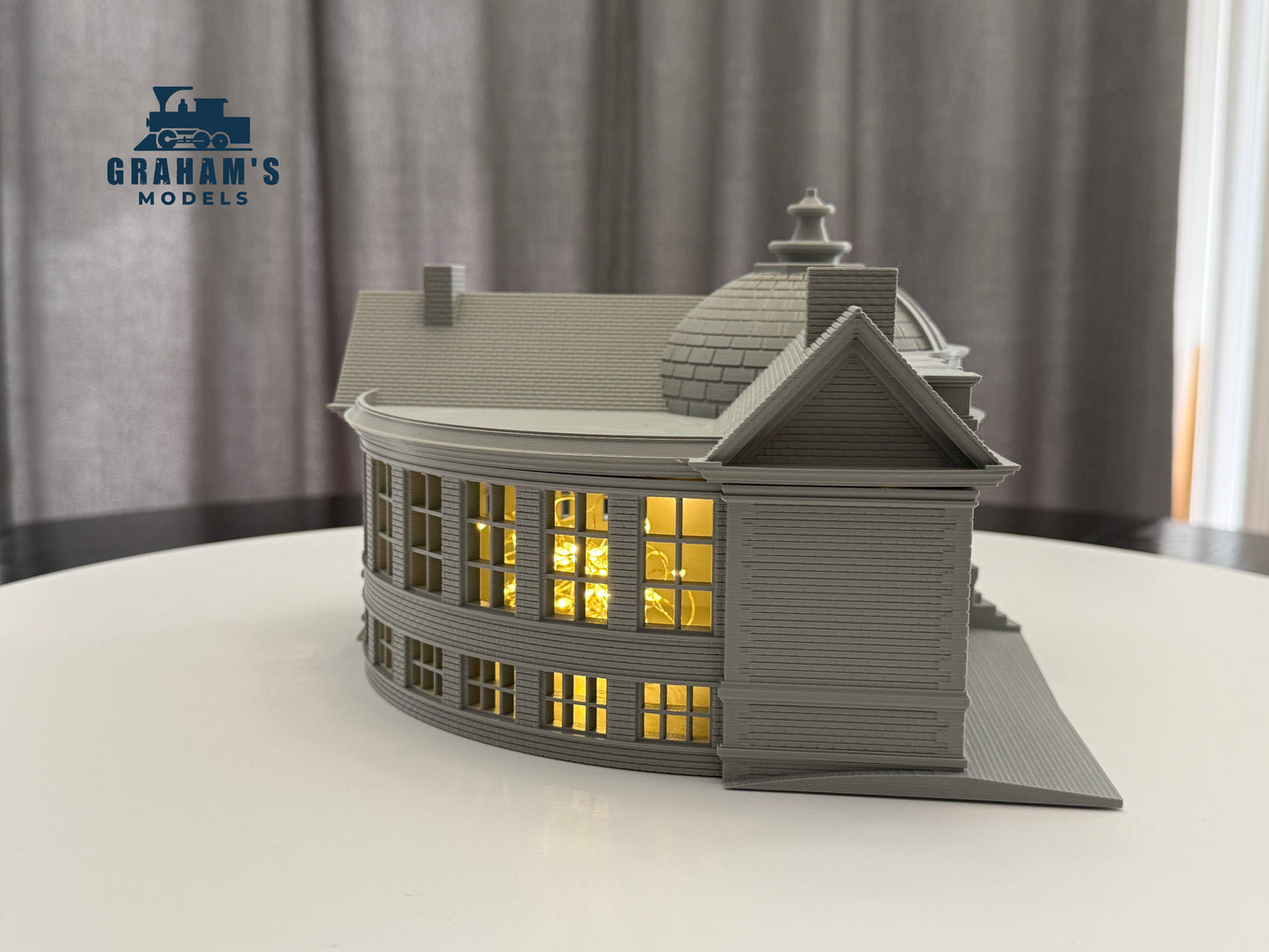 Preassembled HO scale library and city hall building in 1:87 gauge by Graham’s Models, detailed architectural features visible.