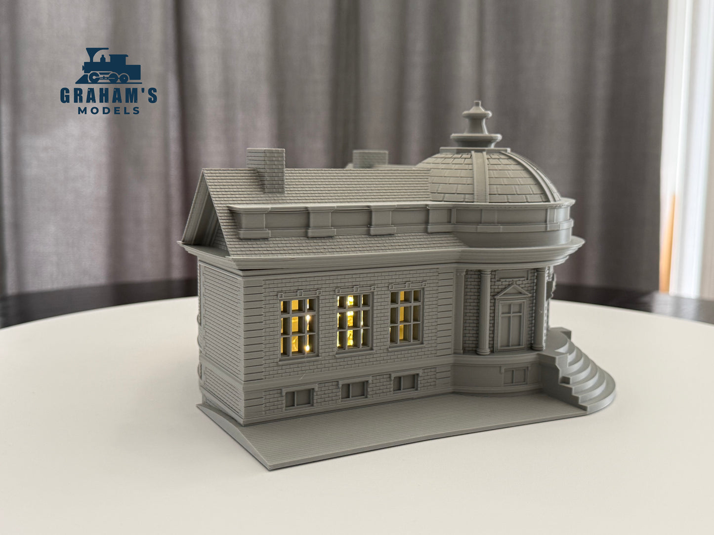Preassembled HO scale library and city hall building in 1:87 gauge by Graham’s Models, featuring detailed miniature architecture.