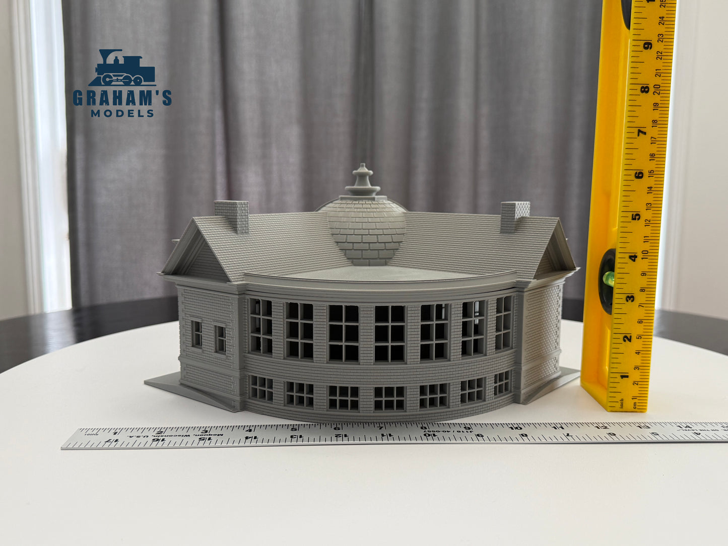 Preassembled HO scale library and city hall building by Graham’s Models, detailed 1:87 gauge model for model railroads.