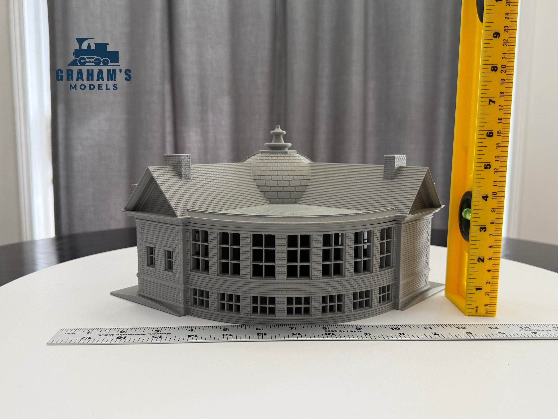 Preassembled HO scale library and city hall building by Graham’s Models, detailed 1:87 gauge model for model railroads.