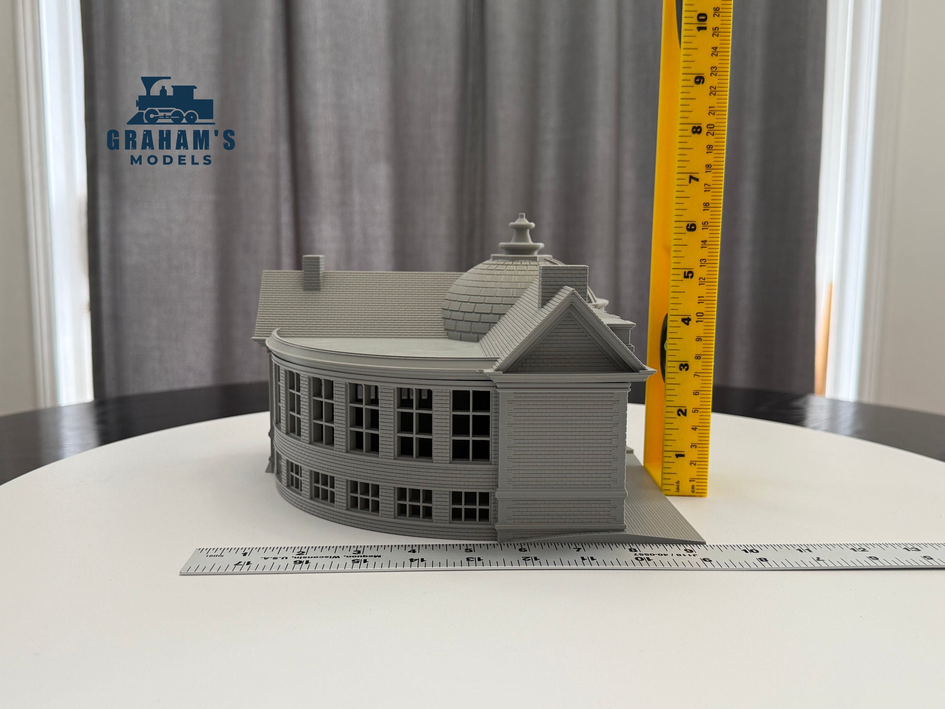 Preassembled HO scale library and city hall building in 1:87 gauge by Graham’s Models, detailed model for model train layouts.