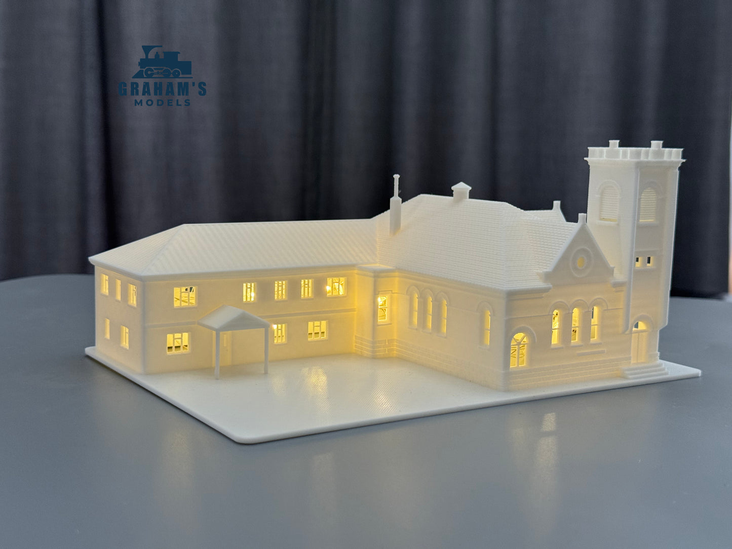Mostly assembled N scale church model by Graham’s Models, detailed miniature building for model train layouts.