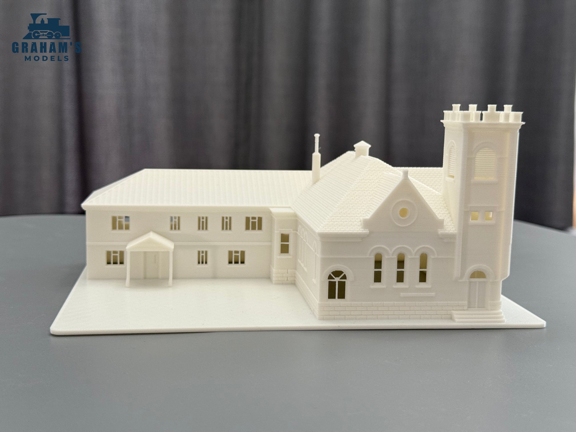 N scale Graham’s Models church building in mostly assembled state, detailed model for model train or diorama layouts.