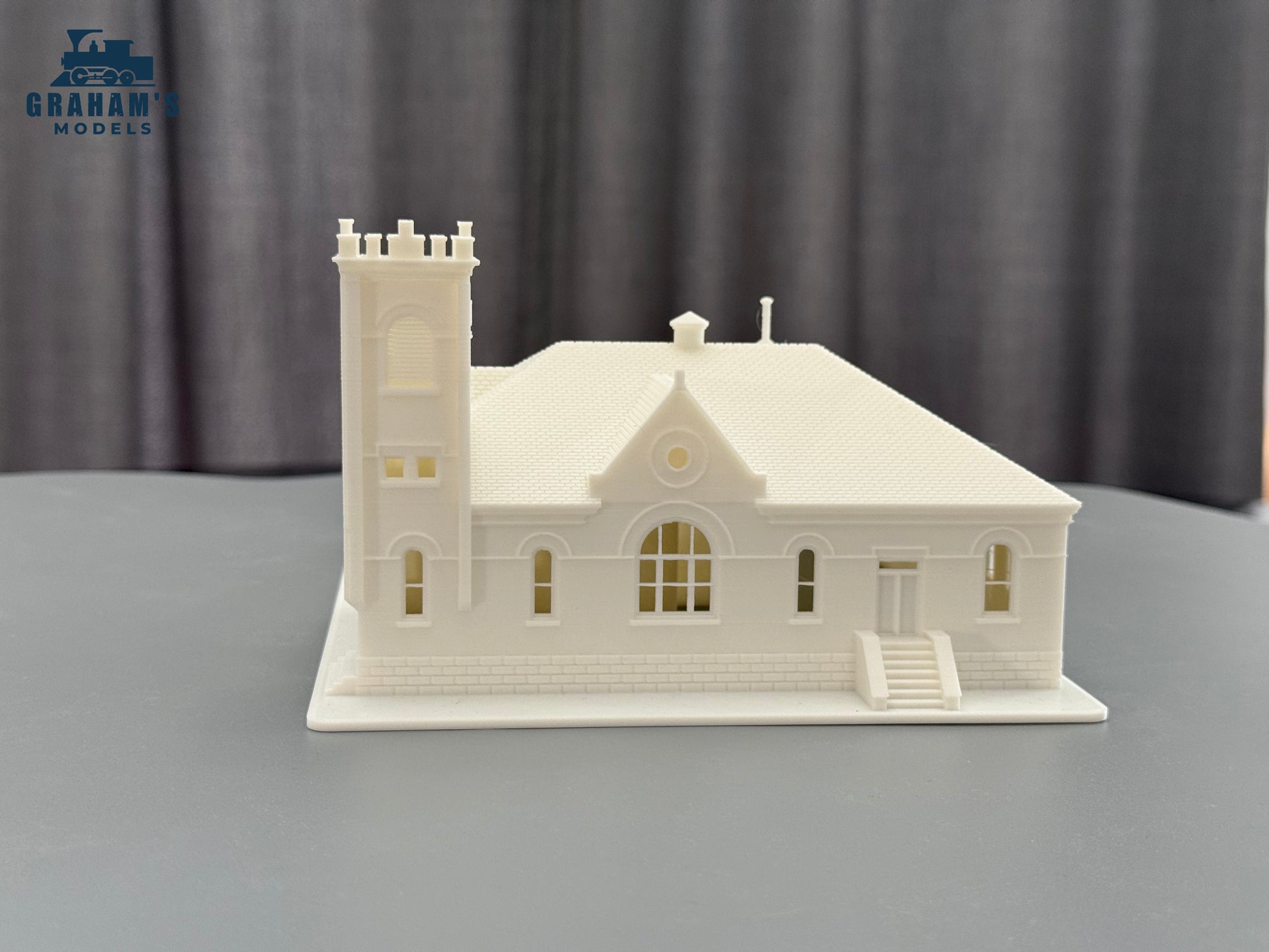 N scale model church by Graham’s Models, 1:160 gauge, mostly assembled with detailed architecture and realistic design.