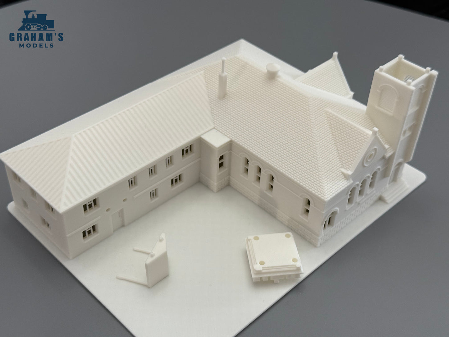 Mostly assembled N scale church model in 1:160 gauge by Graham’s Models, detailed miniature building for model train layouts.