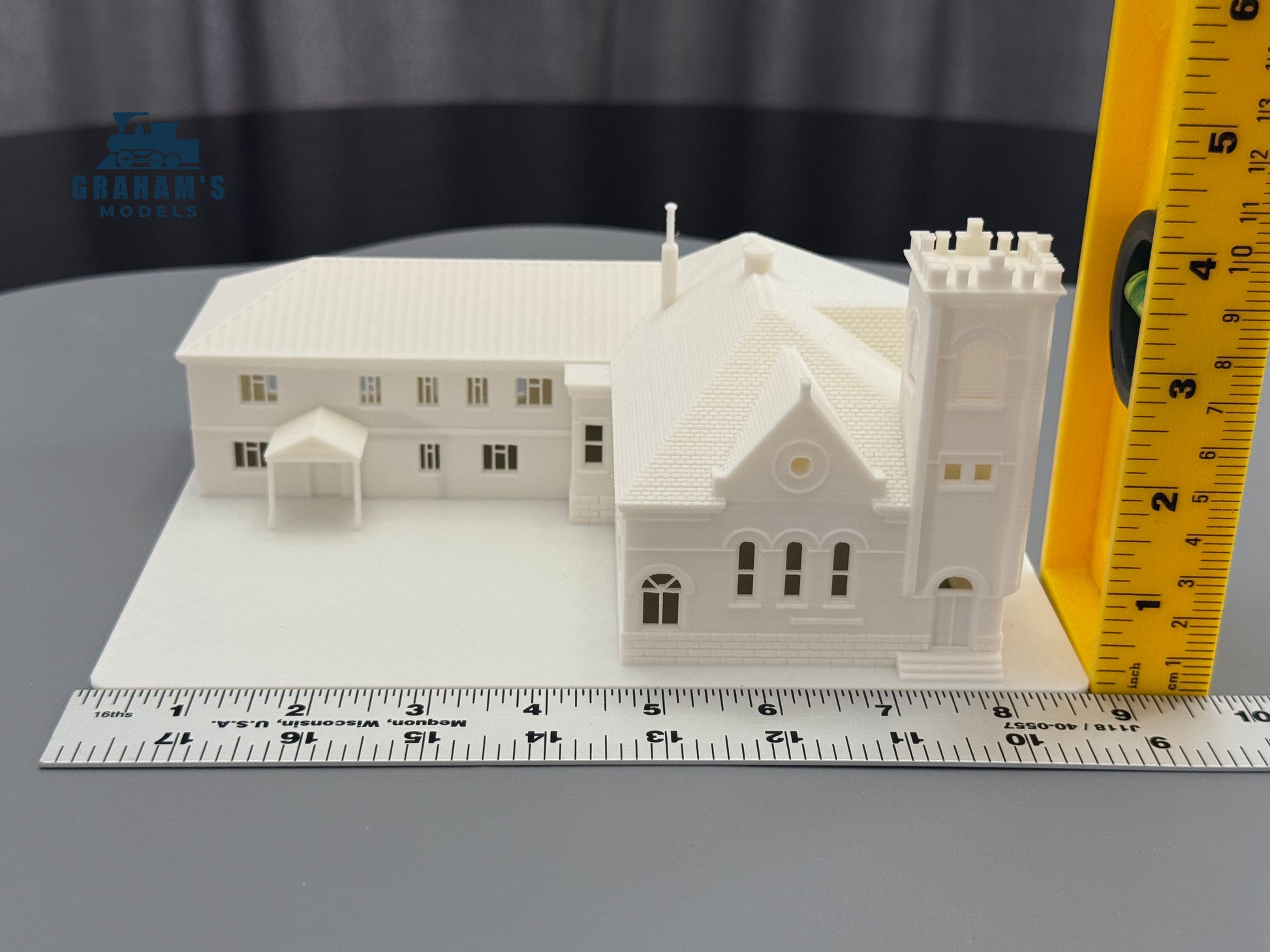 N scale Graham’s Models church building, mostly assembled model train accessory for model railroads, 1:160 gauge.