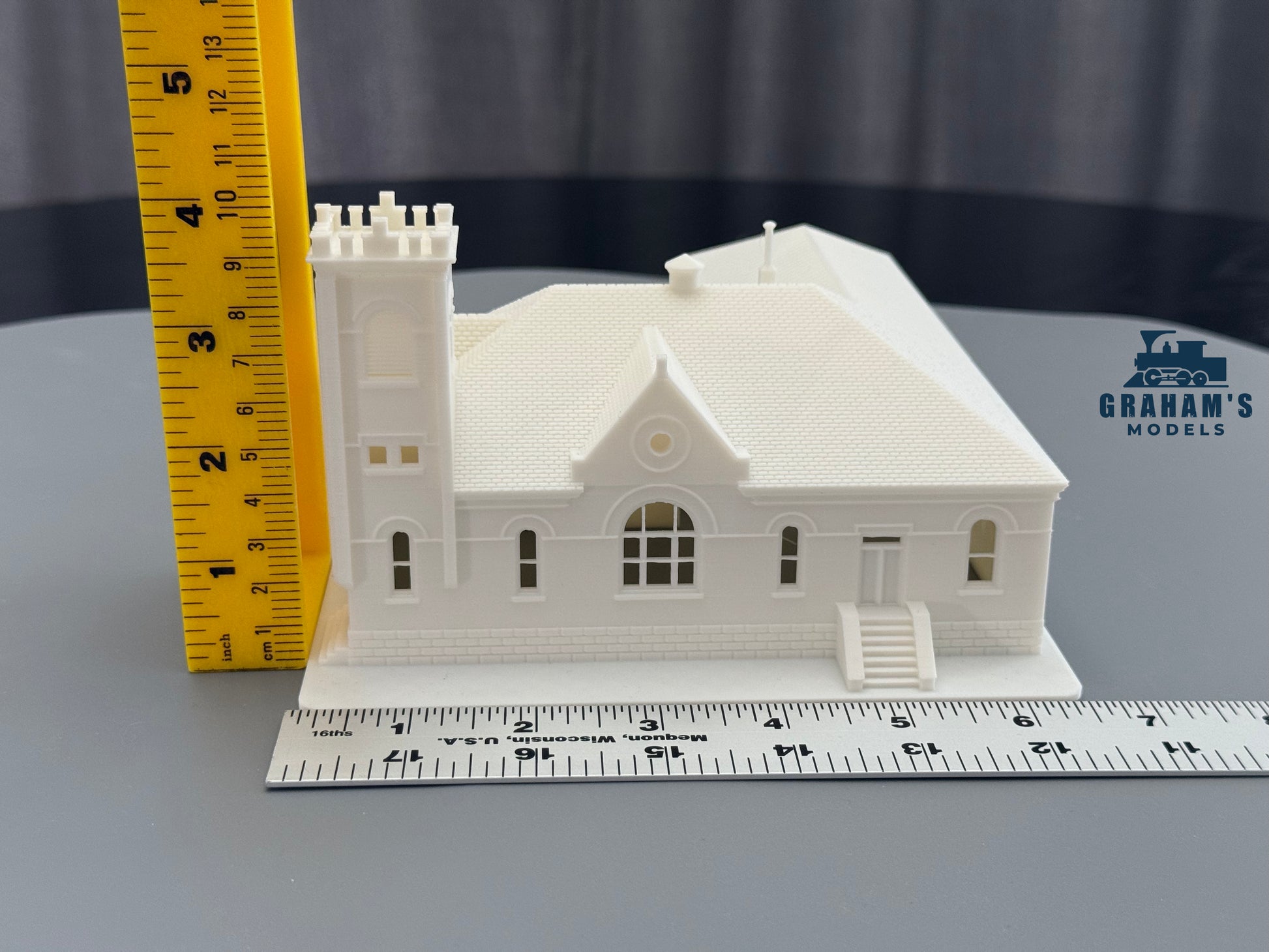 N scale Graham’s Models church building, mostly assembled, with detailed architecture suitable for model train layouts.