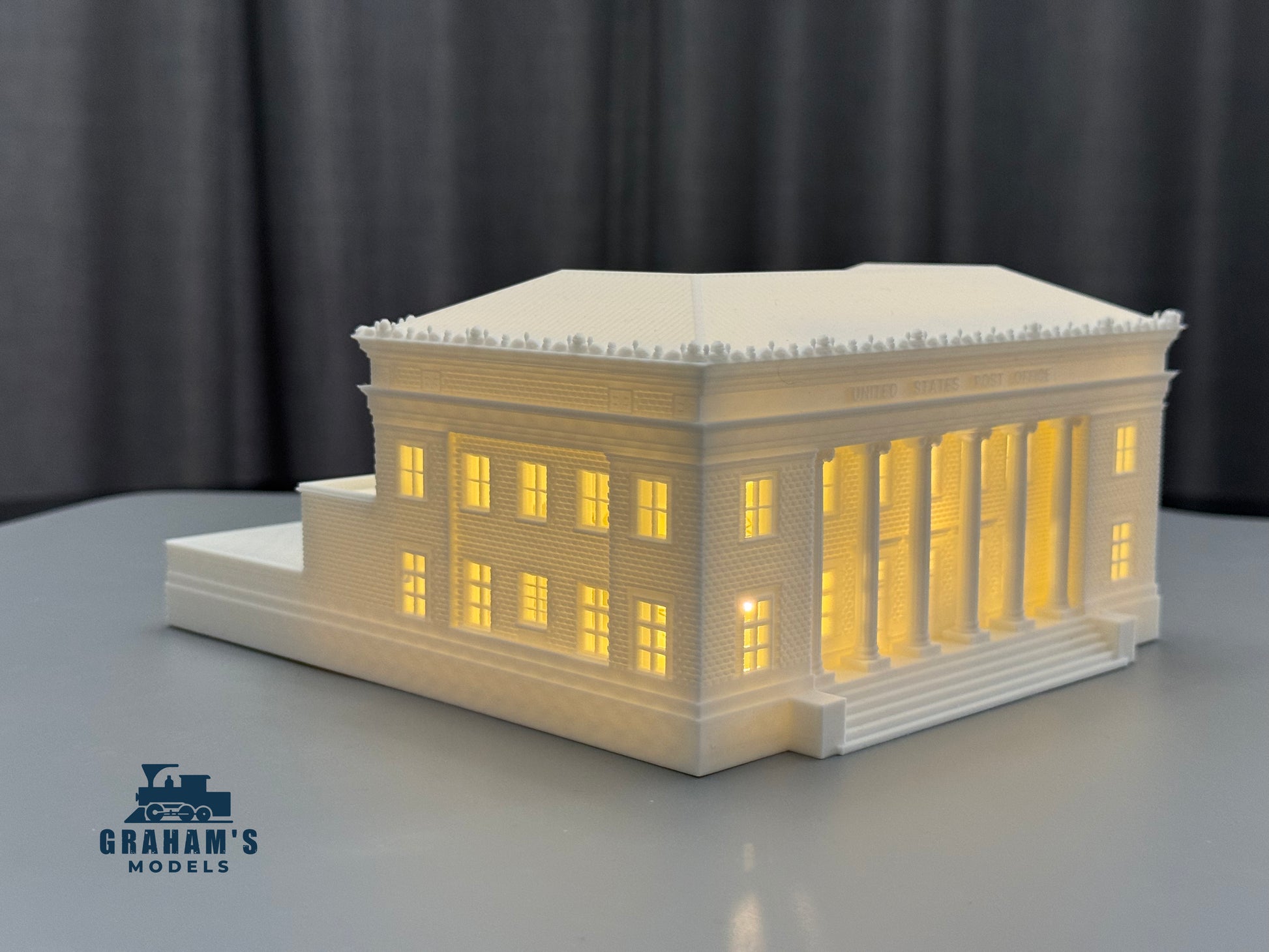 Mostly assembled N scale Post Office building model in 1:160 gauge by Graham’s Models, detailed miniature for model railroads.
