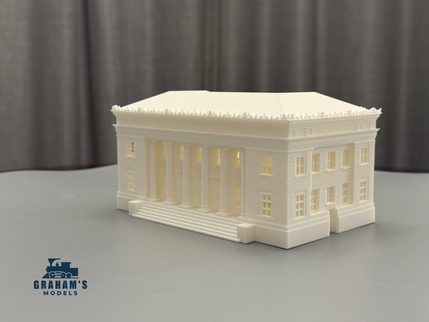 N scale Post Office building by Graham’s Models, mostly assembled for model train layouts, detailed miniature structure.