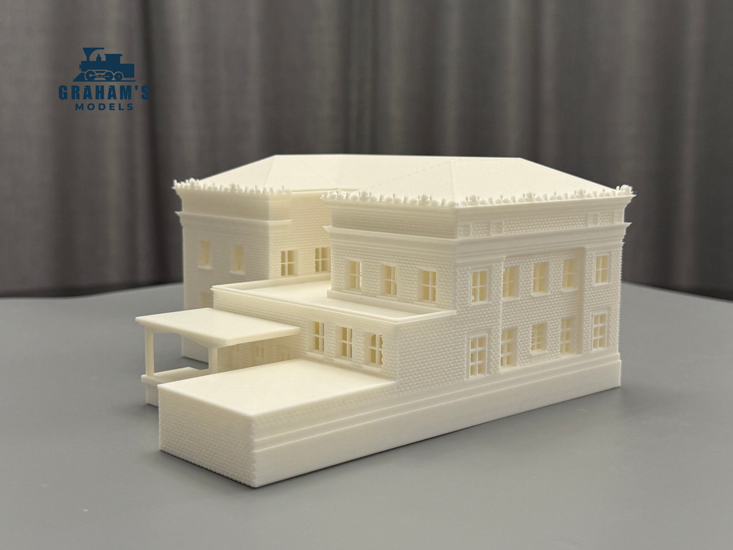 Mostly assembled N scale post office model by Graham’s Models for 1:160 gauge model train layouts.