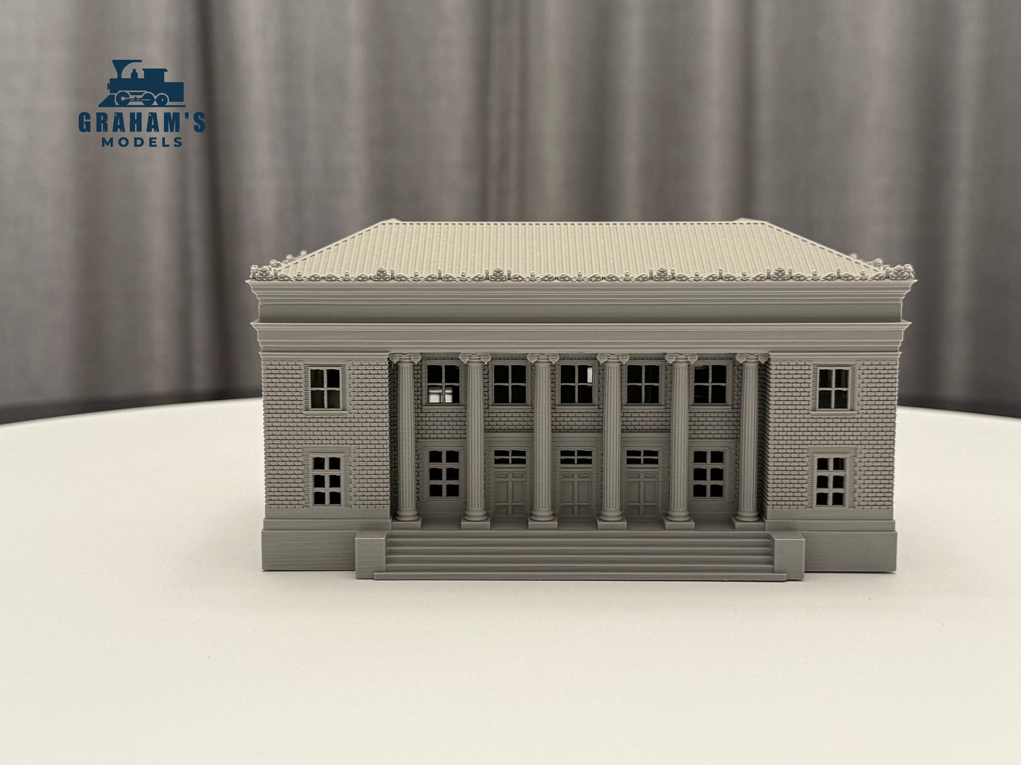 Mostly assembled N scale Post Office building by Graham’s Models for 1:160 gauge model railroads, detailed miniature structure.