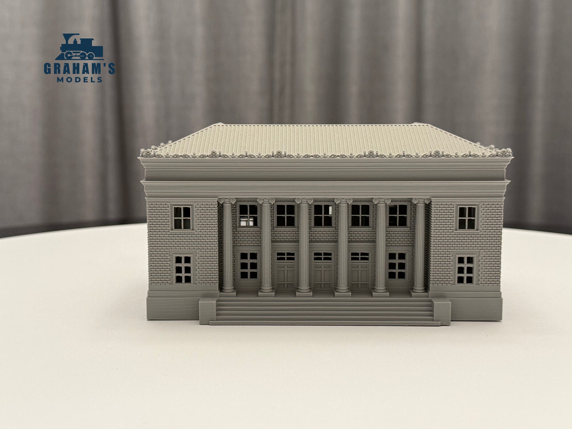 Mostly assembled N scale Post Office building by Graham’s Models for 1:160 gauge model railroads, detailed miniature structure.
