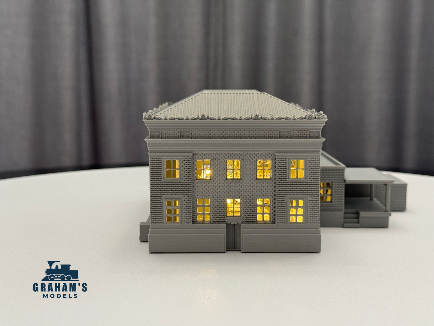 Mostly assembled N scale Post Office model by Graham’s Models, detailed miniature building for model train layouts.