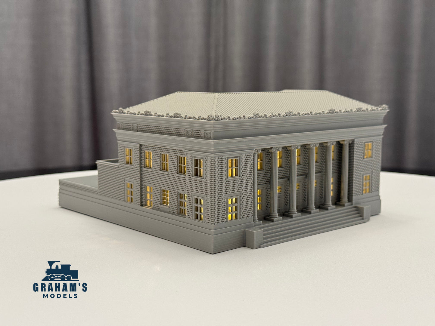 Mostly assembled N scale Post Office model by Graham’s Models, featuring detailed miniature postal building for model train layouts.