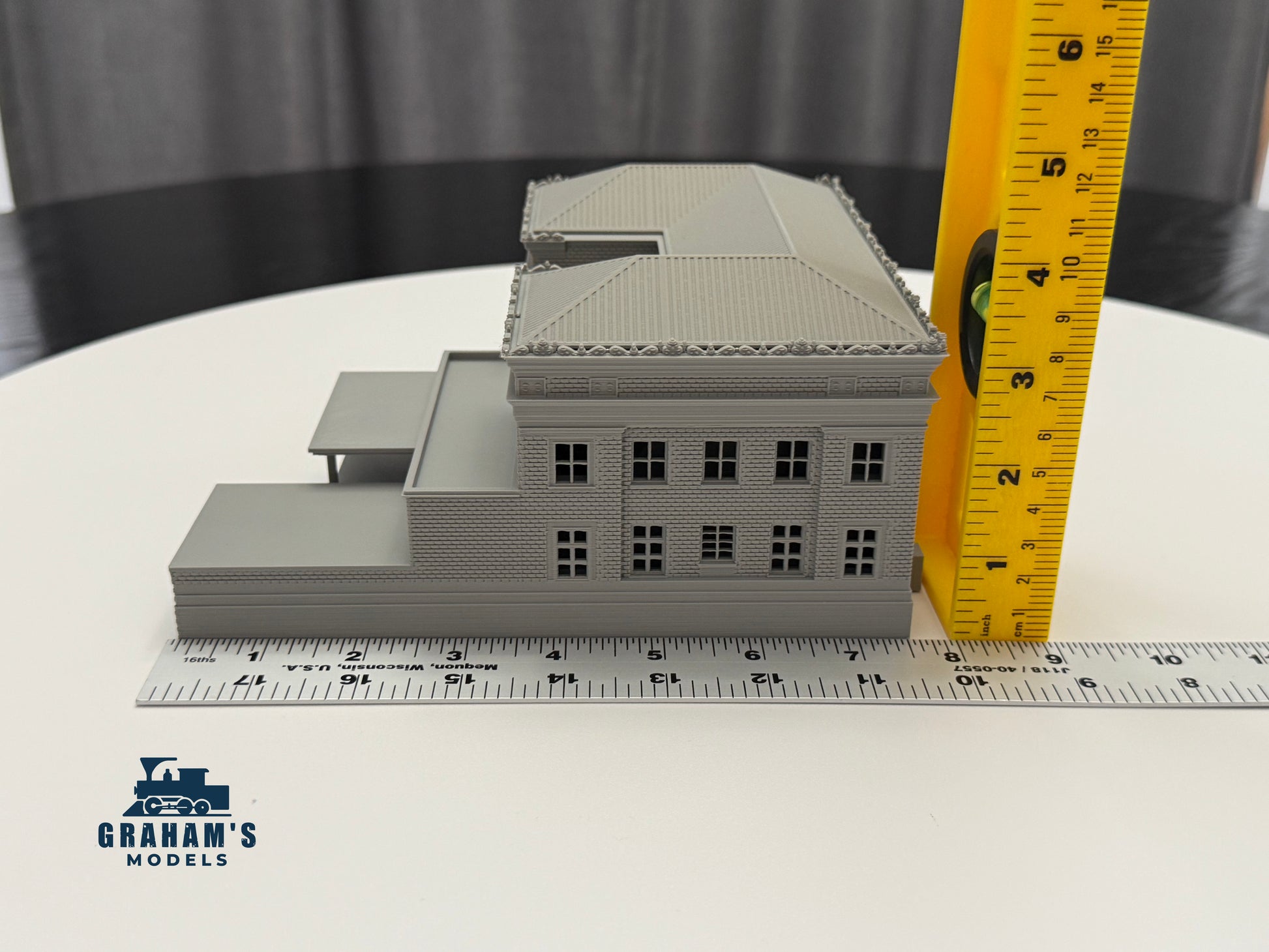Mostly assembled N scale Post Office building model by Graham’s Models, suitable for 1:160 gauge model train layouts.