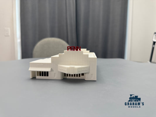 Partially assembled Penn Theatre model in N scale (1:160) by Graham’s Models, showing detailed miniature theatre with interior and exterior features.