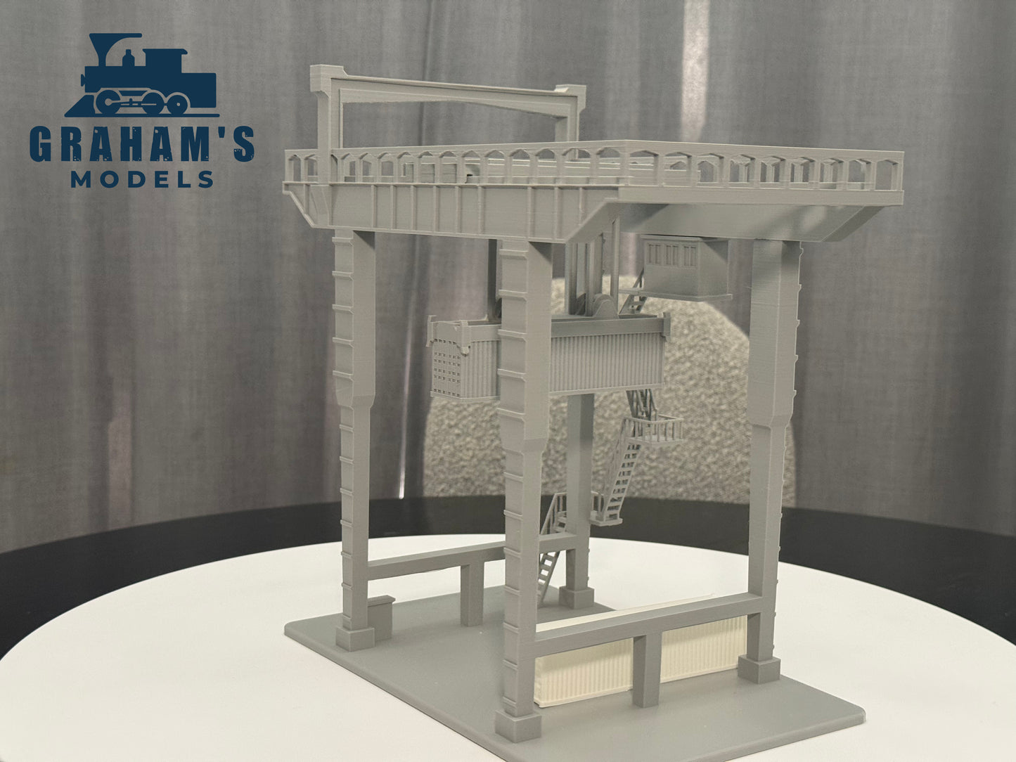 HO scale container crane by Graham’s Models, 1:87 gauge, mostly assembled, with detailed parts and realistic industrial design.