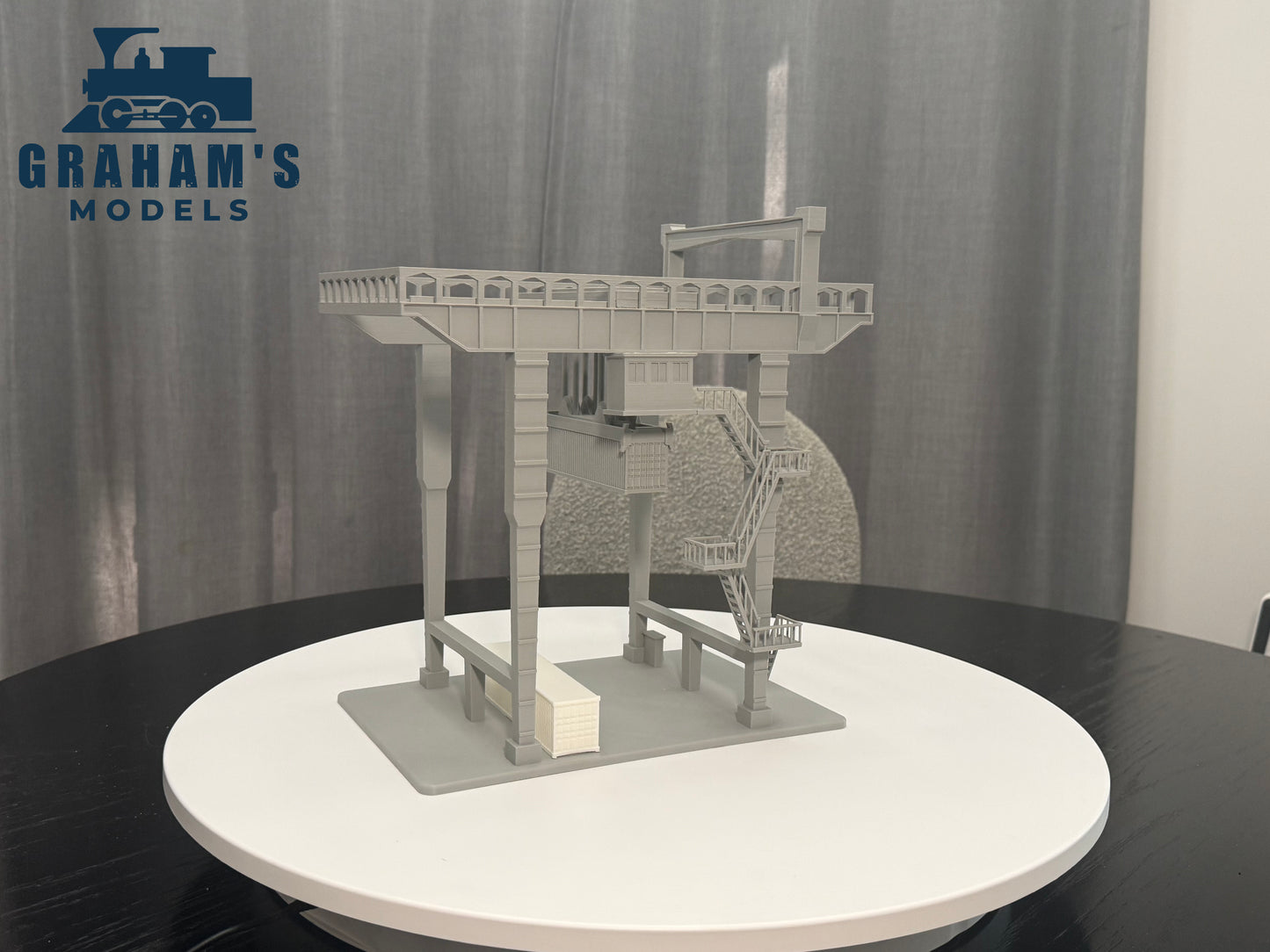 HO scale container crane by Graham’s Models, 1:87 gauge, mostly assembled model for model train setups, detailed industrial crane.