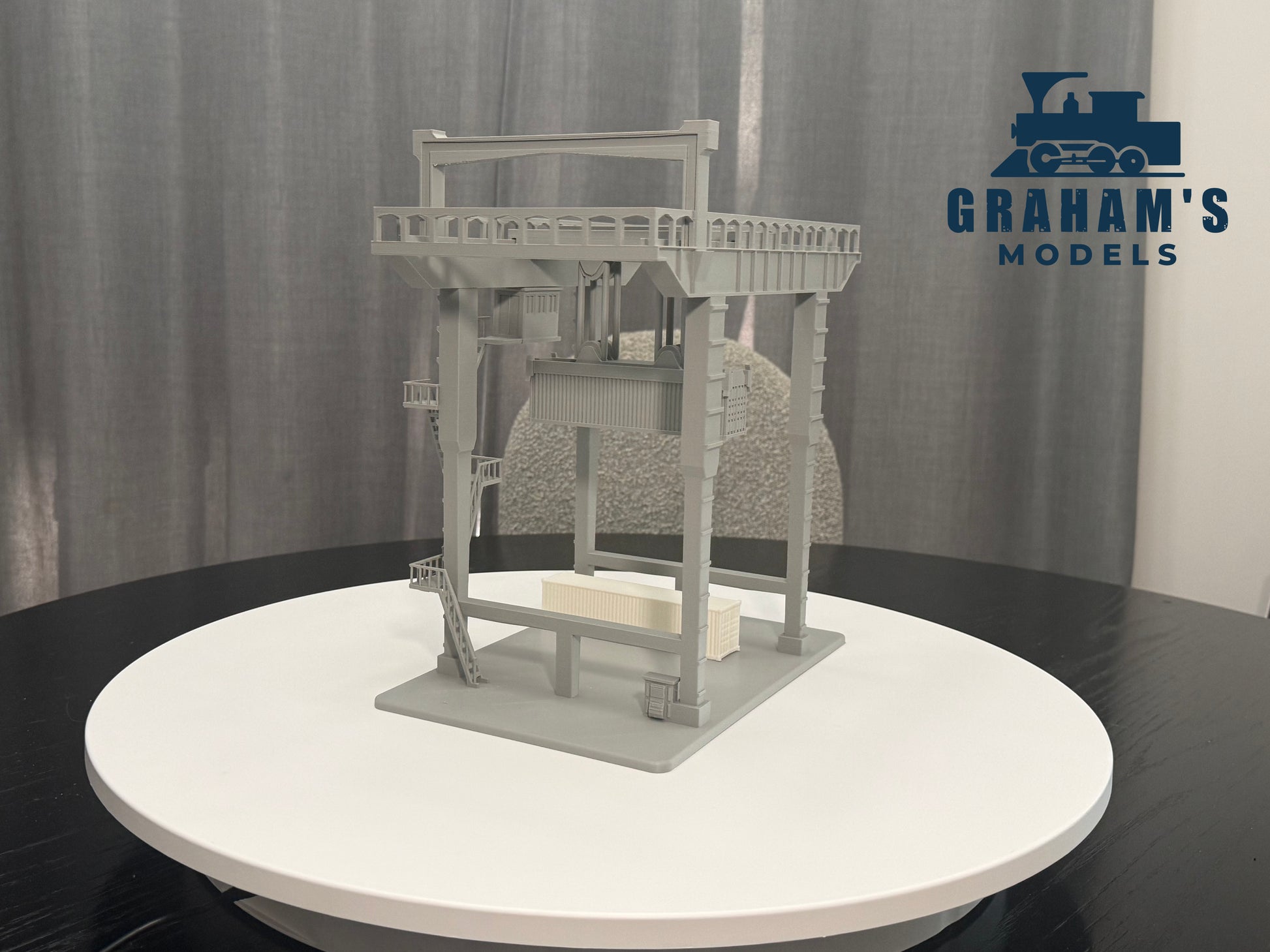 HO scale container crane by Graham’s Models, 1:87 gauge, mostly assembled, with detailed structure for model train setups.
