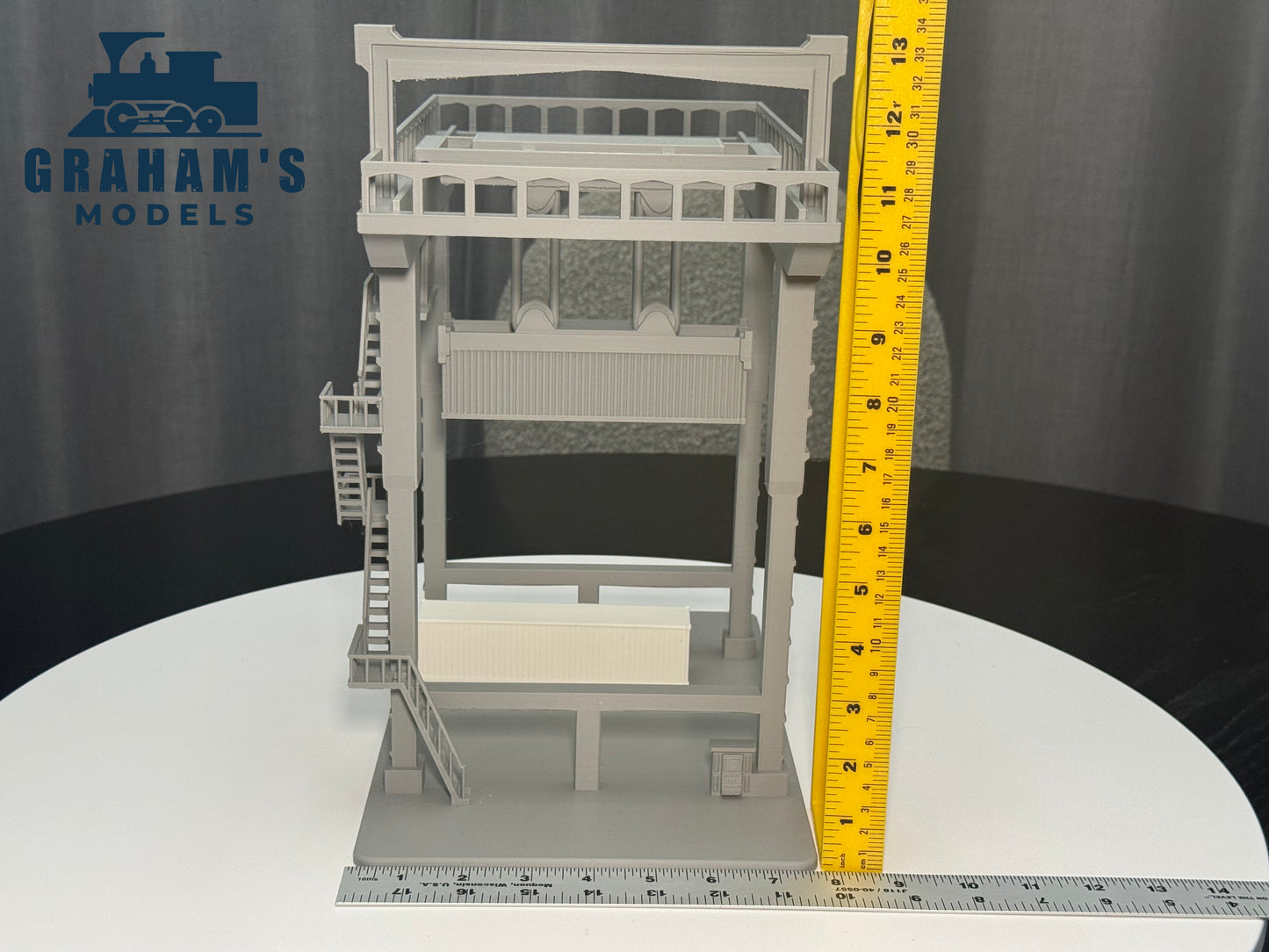 HO scale container crane by Graham’s Models, mostly assembled, detailed model for 1:87 gauge model train layouts.