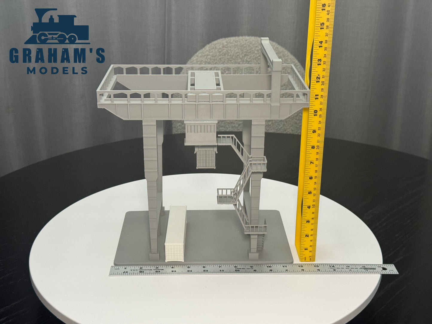 HO scale container crane by Graham’s Models, 1:87 gauge, mostly assembled model with detailed crane structure for model railroads.