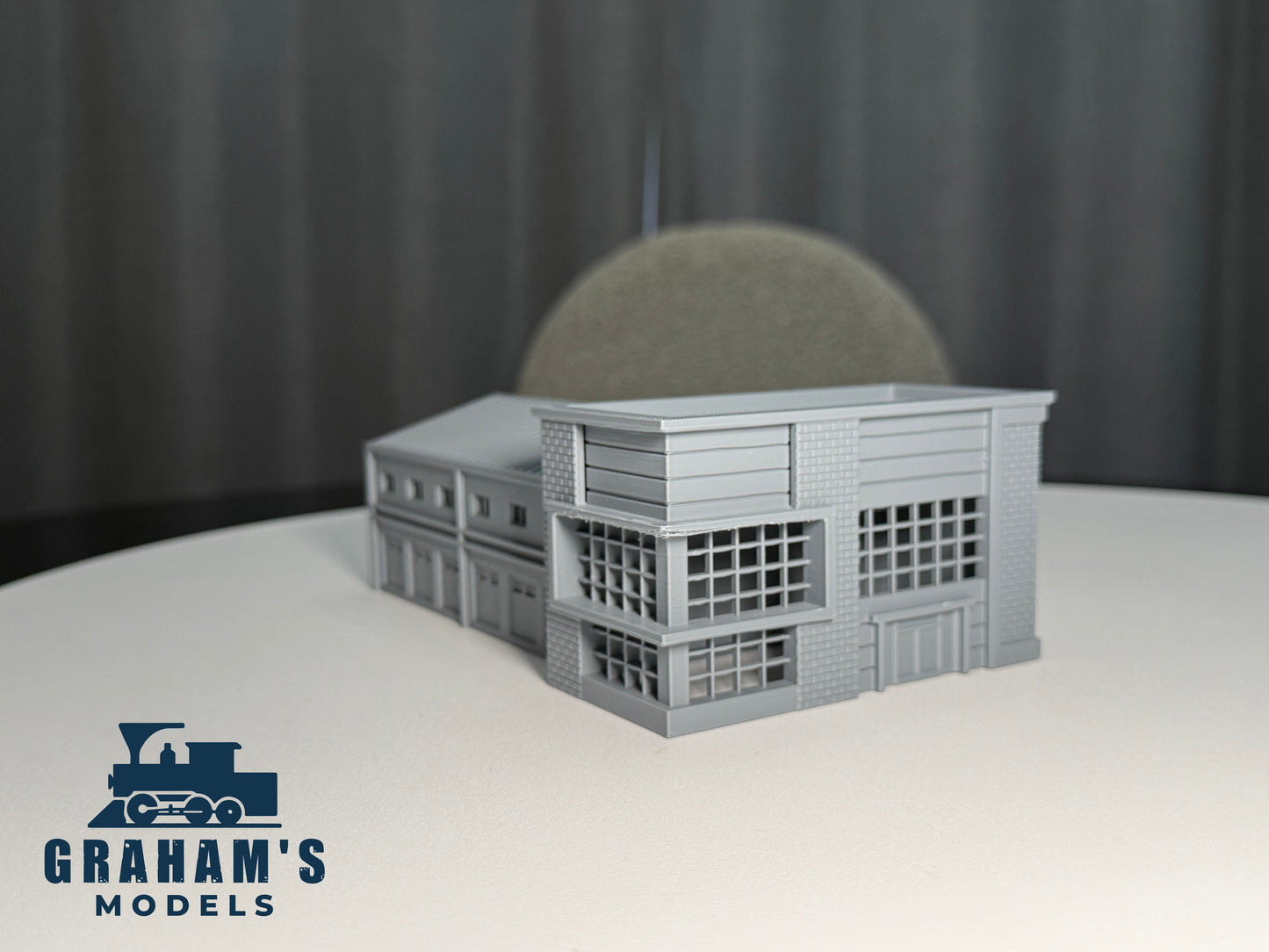 Preassembled N scale shipping logistics warehouse by Graham’s Models, detailed 1:160 gauge model for model train layouts