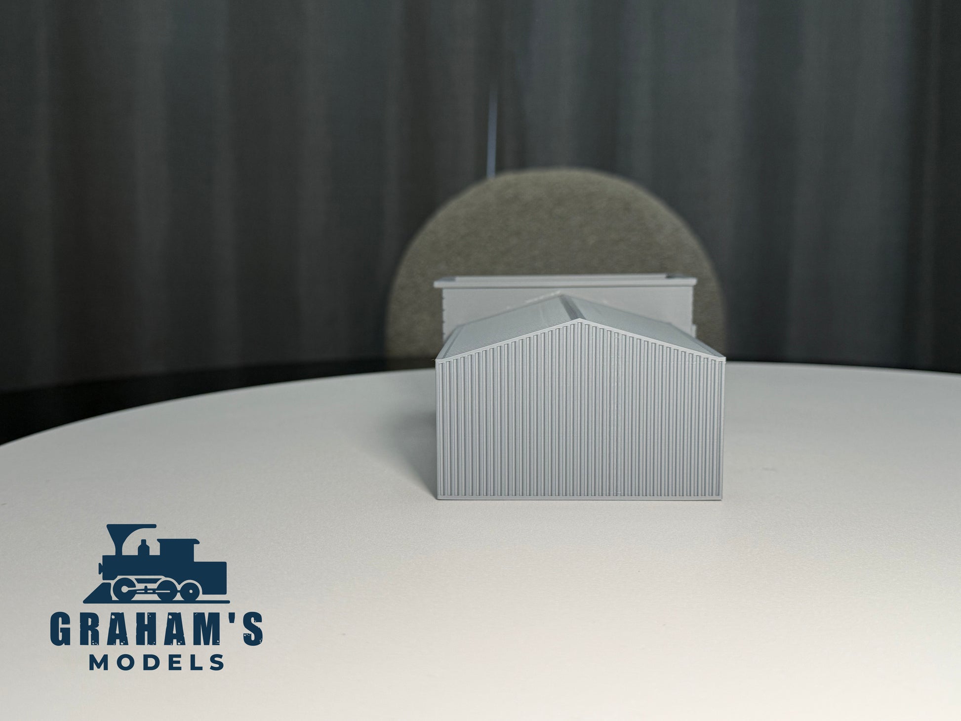 Preassembled N scale shipping logistics warehouse model in 1:160 gauge by Graham’s Models, detailed and ready to display.