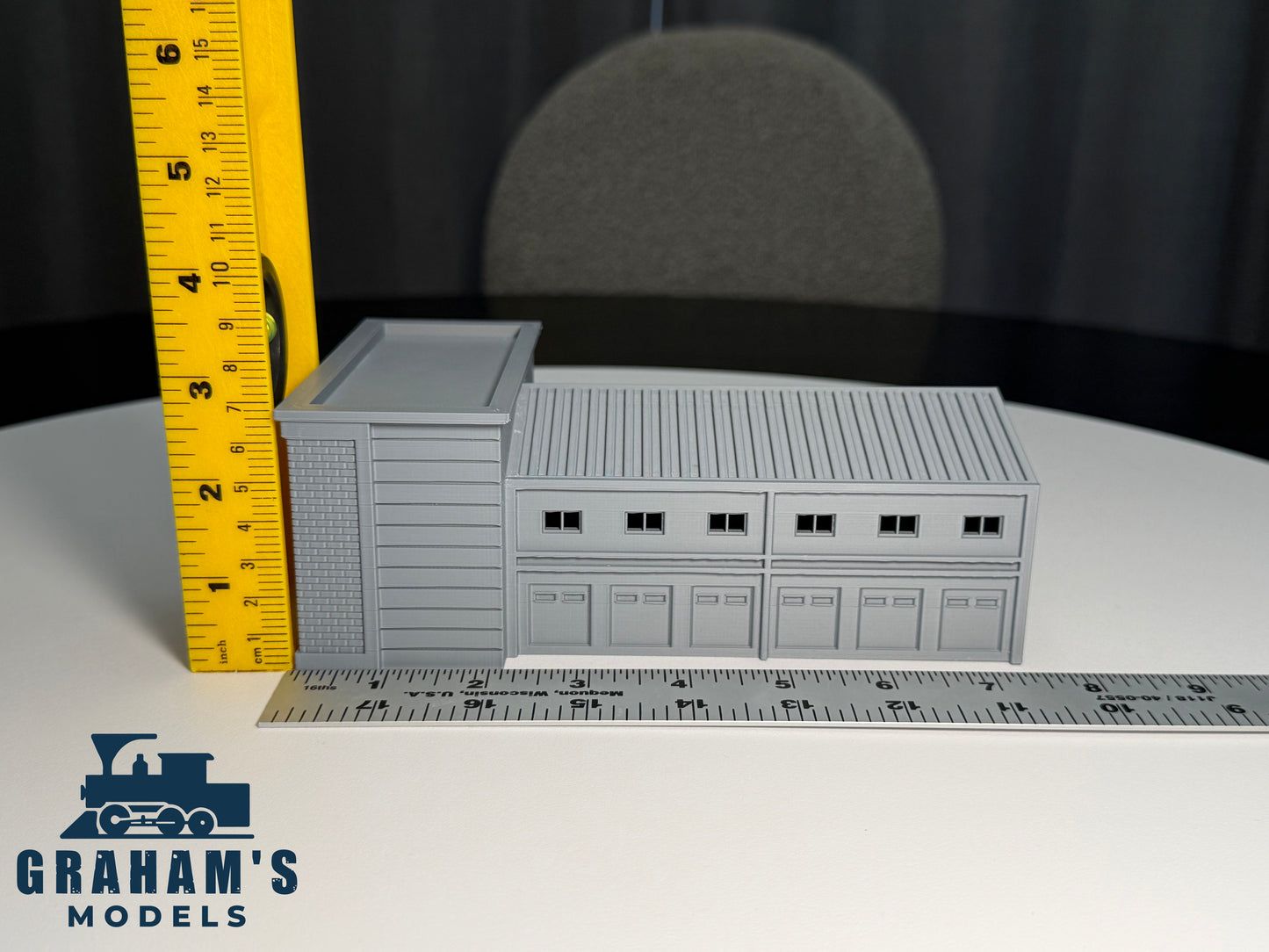Preassembled N scale shipping logistics warehouse by Graham’s Models, detailed model building for model train layouts.
