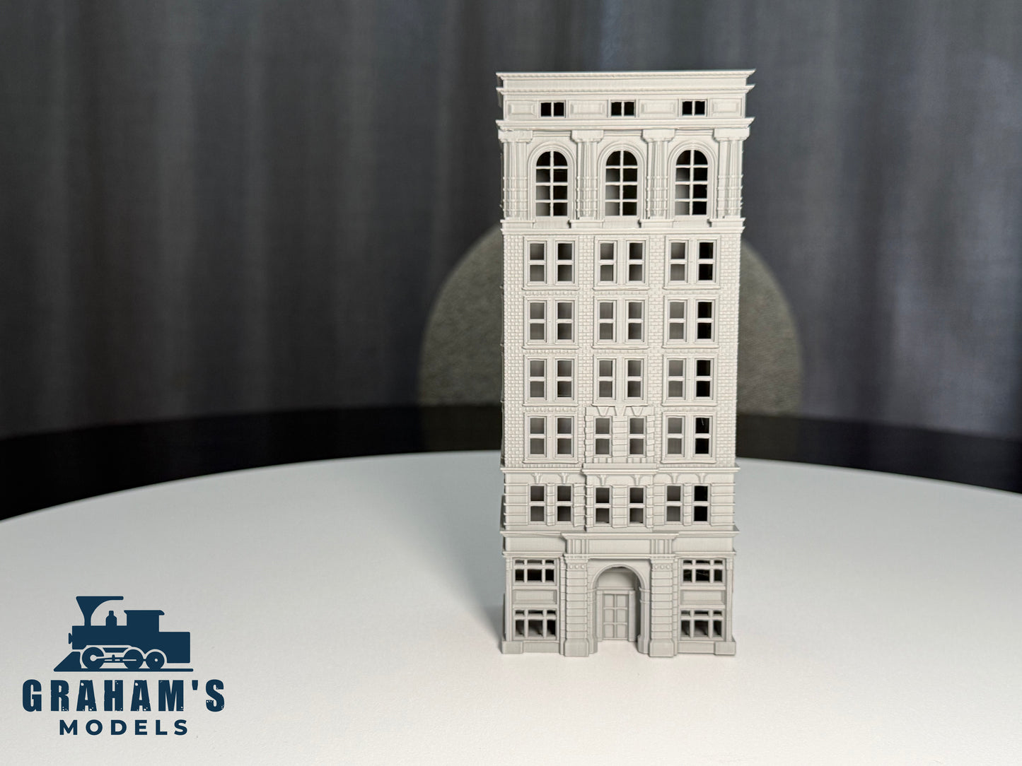 Preassembled N scale small skyscraper model by Graham’s Models, 1:160 gauge, featuring city building details.