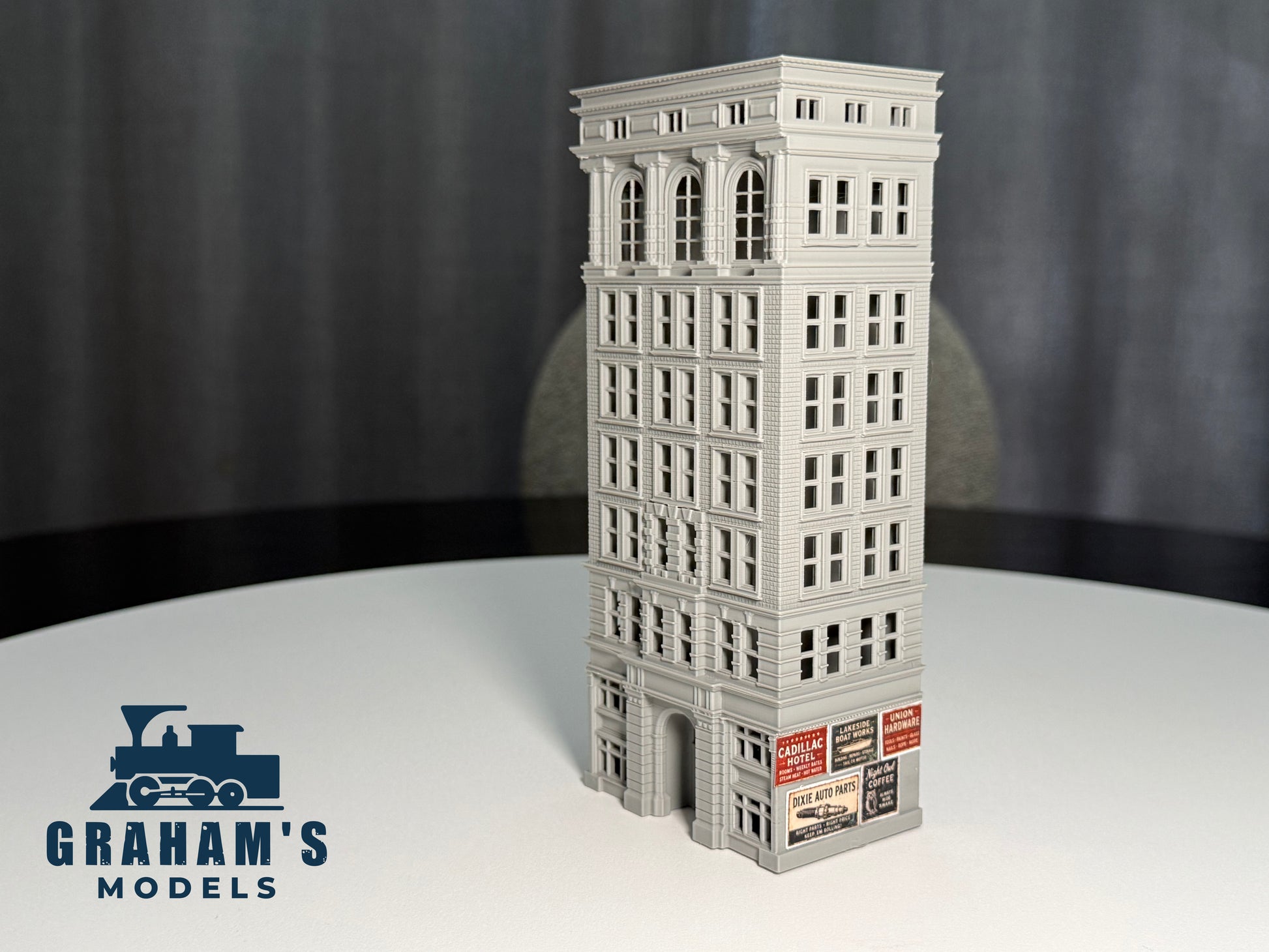 Preassembled N scale small skyscraper model by Graham’s Models, 1:160 gauge, detailed city building for model layouts.