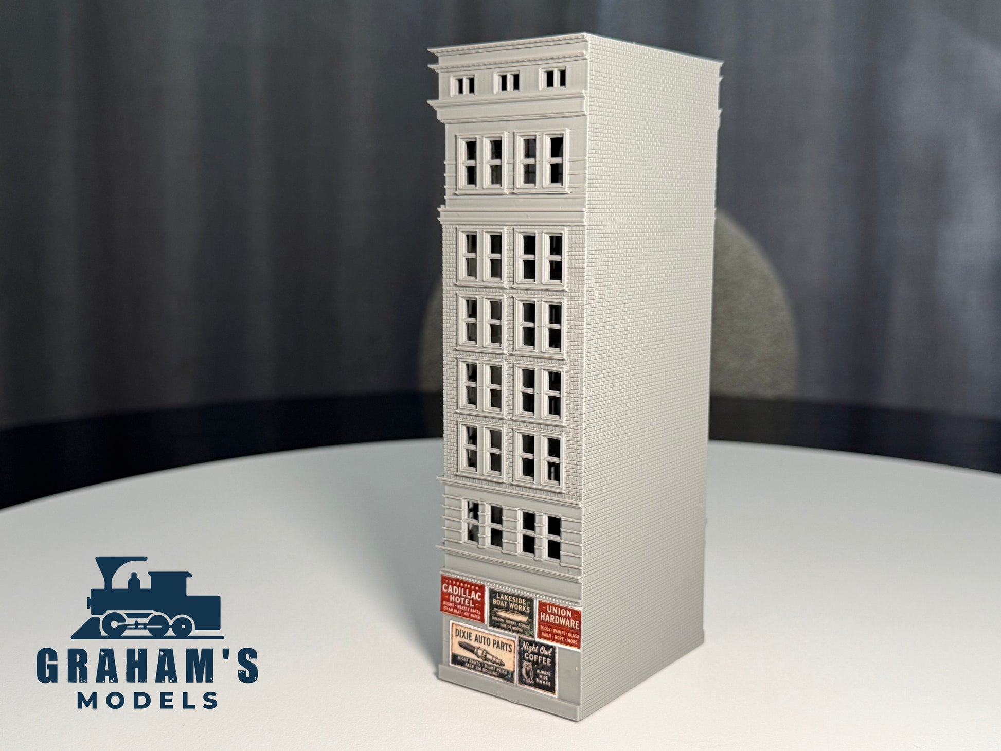 Preassembled N scale small skyscraper by Graham’s Models, 1:160 gauge city building with detailed urban design.
