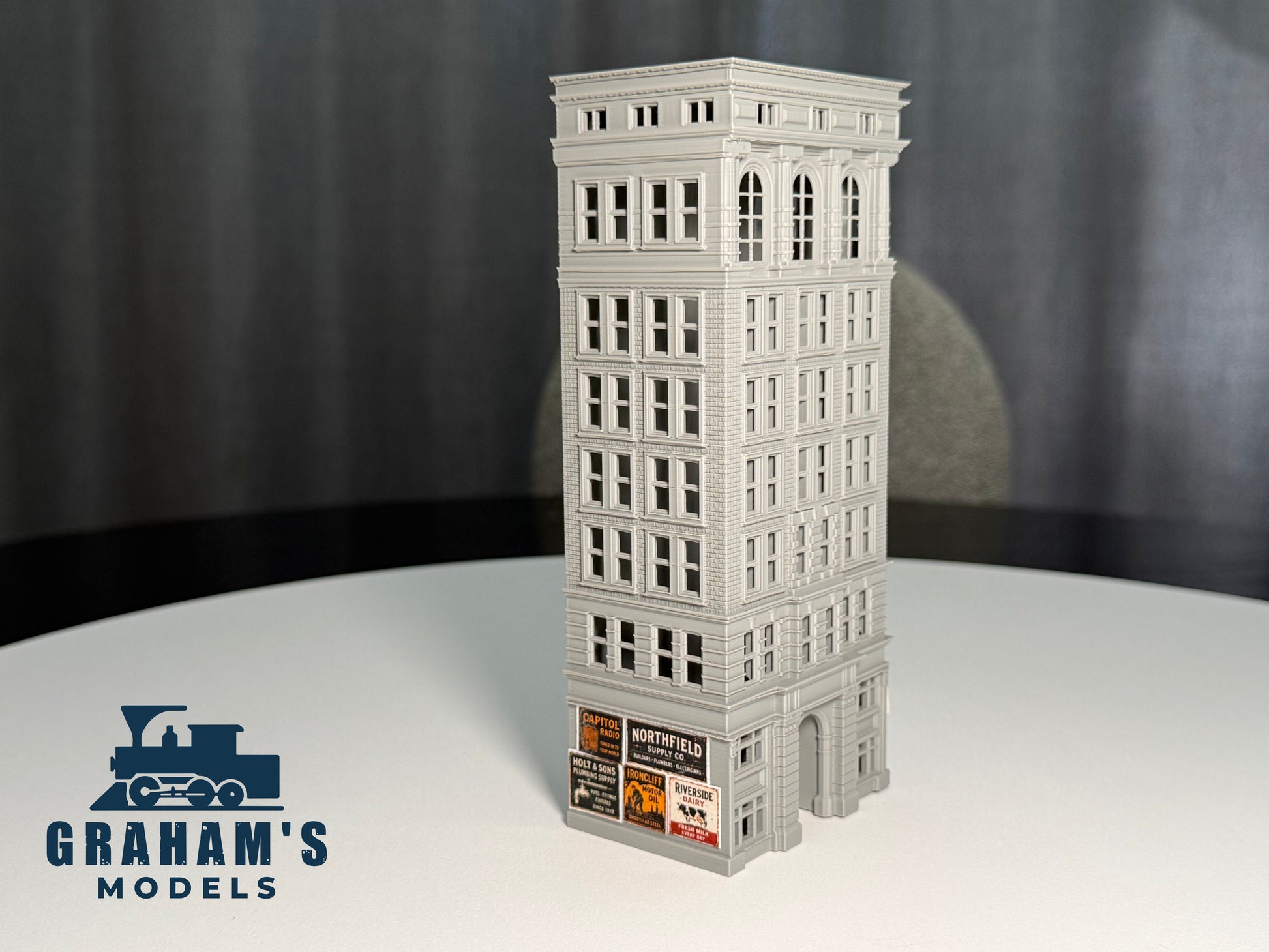 Preassembled N scale small skyscraper model by Graham’s Models, 1:160 gauge, detailed city building for model railroads.