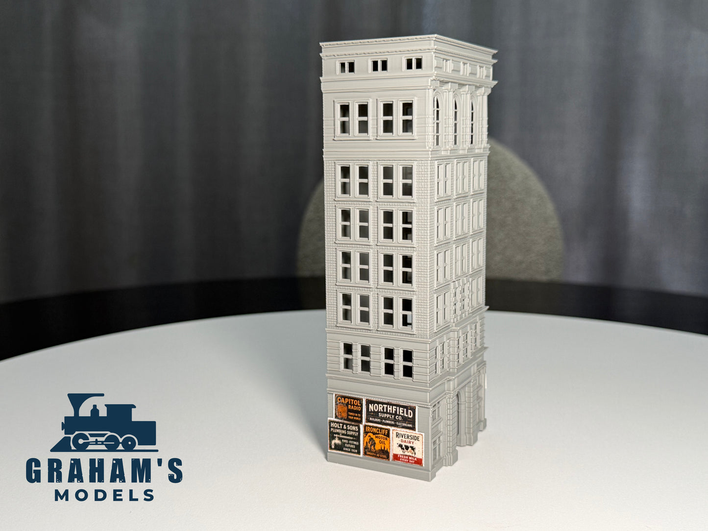 Preassembled N scale small skyscraper model in 1:160 gauge by Graham’s Models, detailed city building for model layouts.