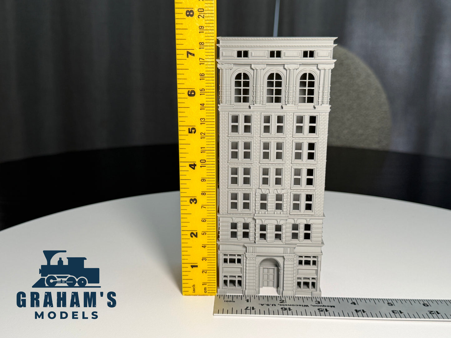 Preassembled N Scale small skyscraper model by Graham’s Models, 1:160 gauge, detailed city building for model train layouts