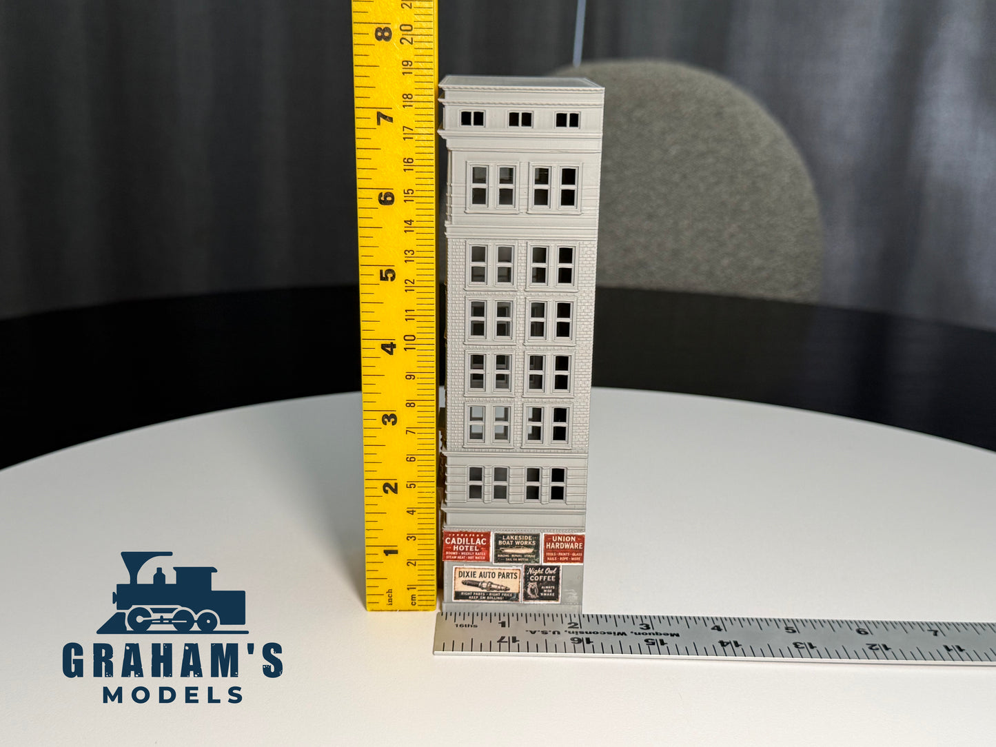 Preassembled N scale small skyscraper model in 1:160 gauge by Graham’s Models, depicting a detailed city building.