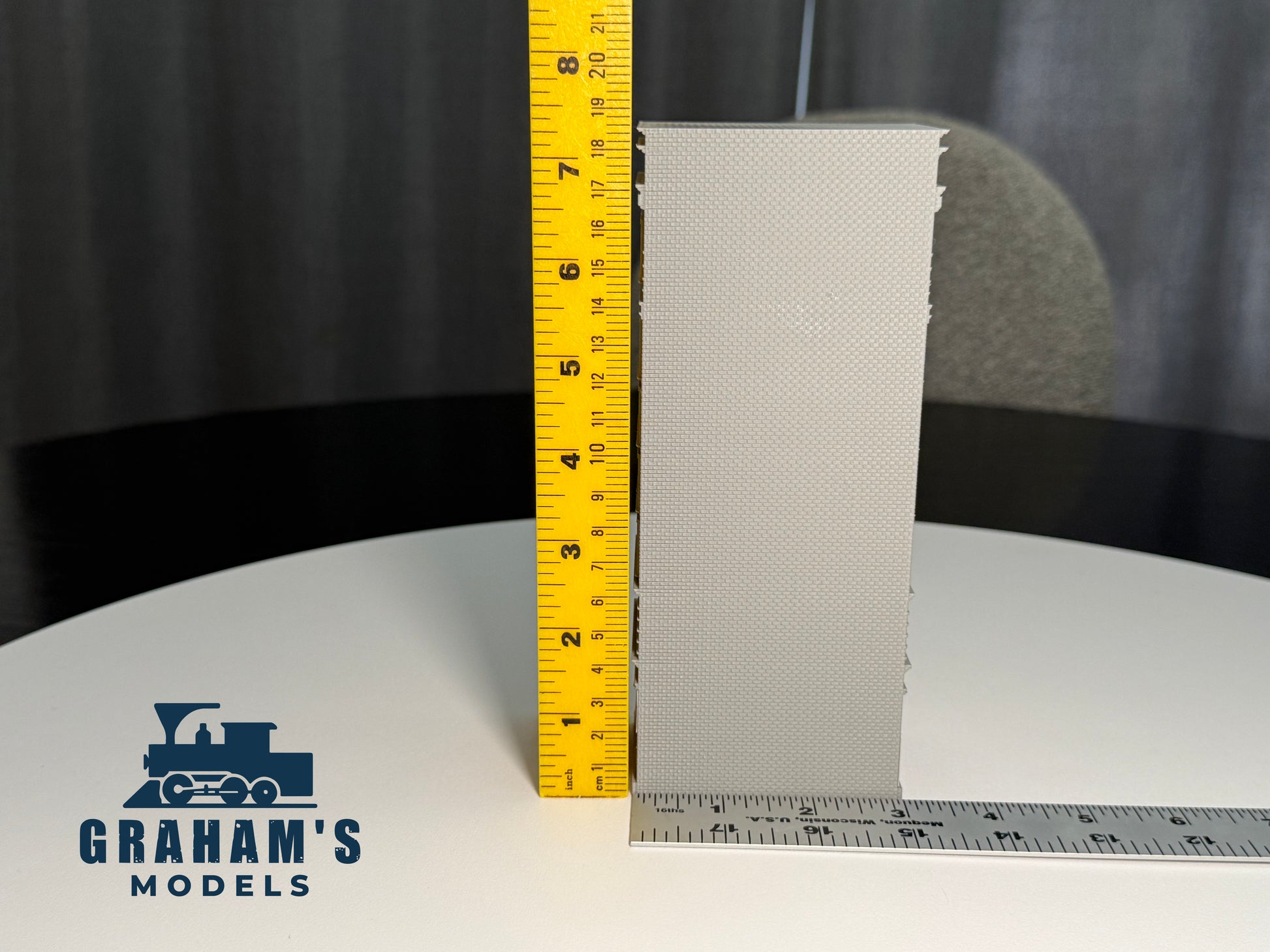 Preassembled N scale small skyscraper model by Graham’s Models, 1:160 gauge, detailed city building for model train layouts.
