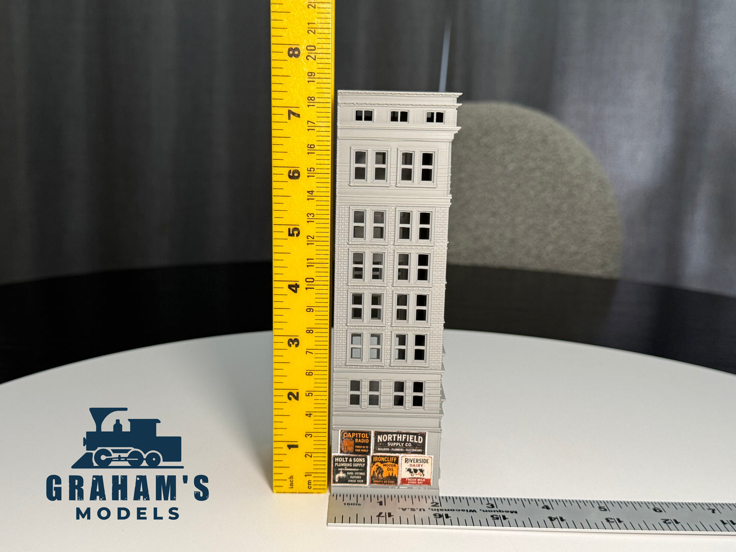 Preassembled N Scale Small Skyscraper model by Graham’s Models, 1:160 gauge, detailed city building for model train layouts.