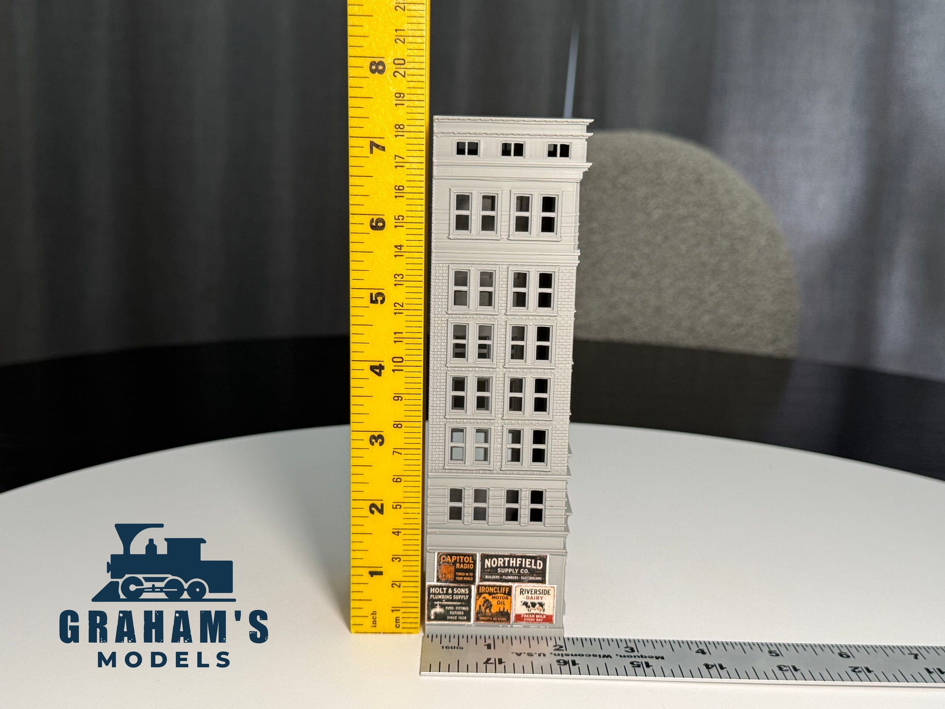Preassembled N Scale Small Skyscraper model by Graham’s Models, 1:160 gauge, detailed city building for model train layouts.