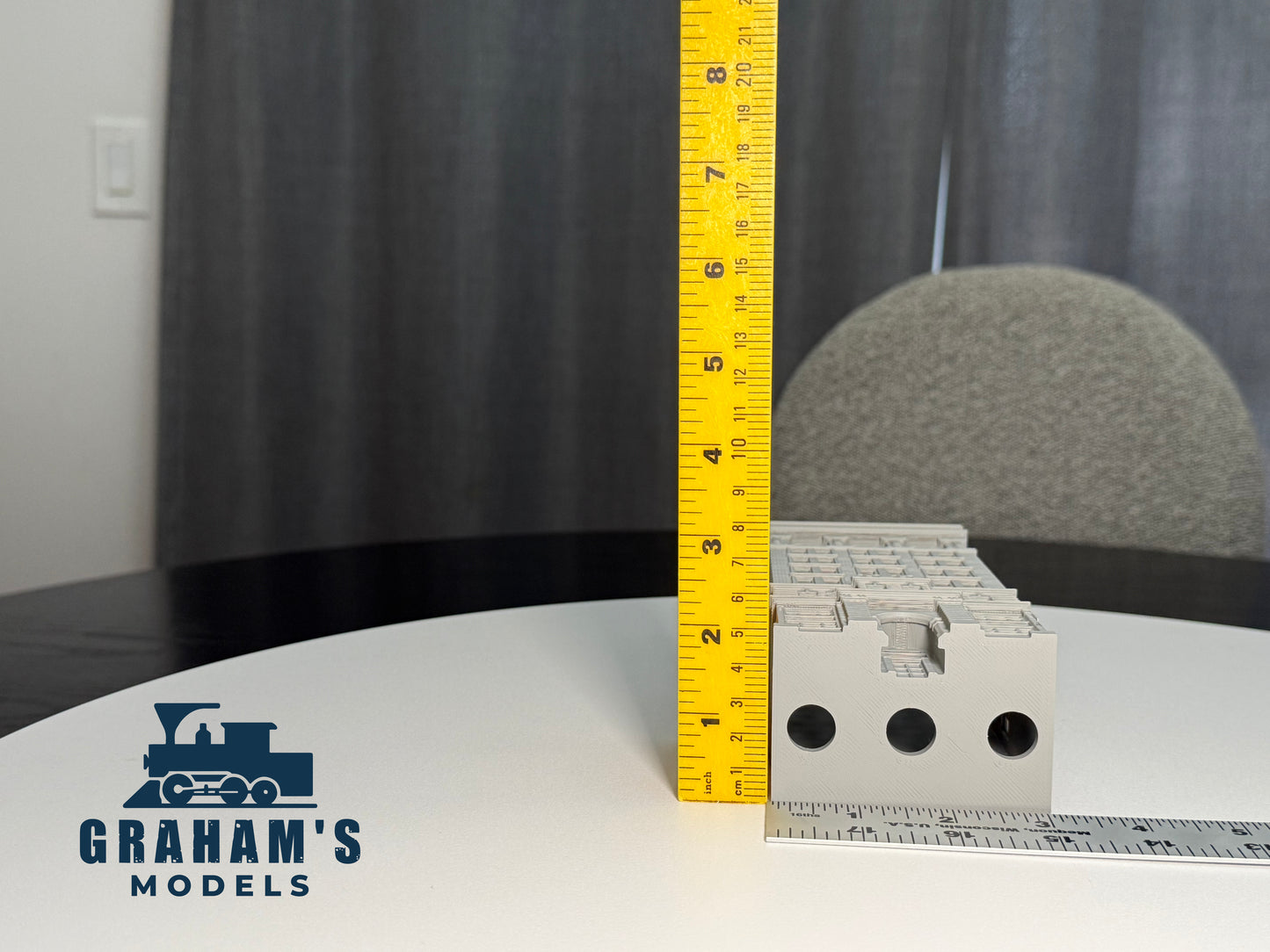 Preassembled N scale small skyscraper by Graham’s Models, 1:160 gauge city building for model train layouts.