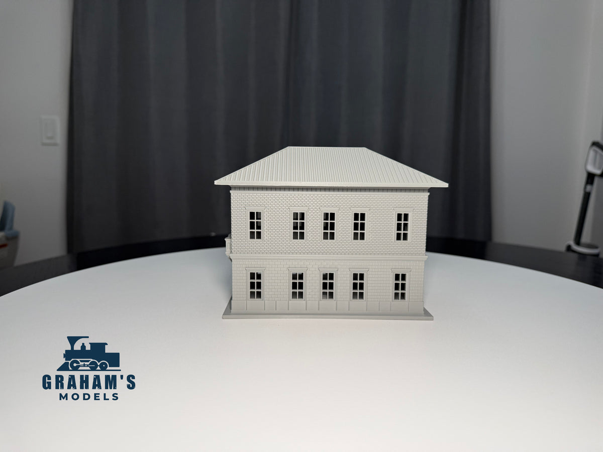 Built HO scale small train station by Graham’s Models, detailed model with platforms and station building for model railroads.