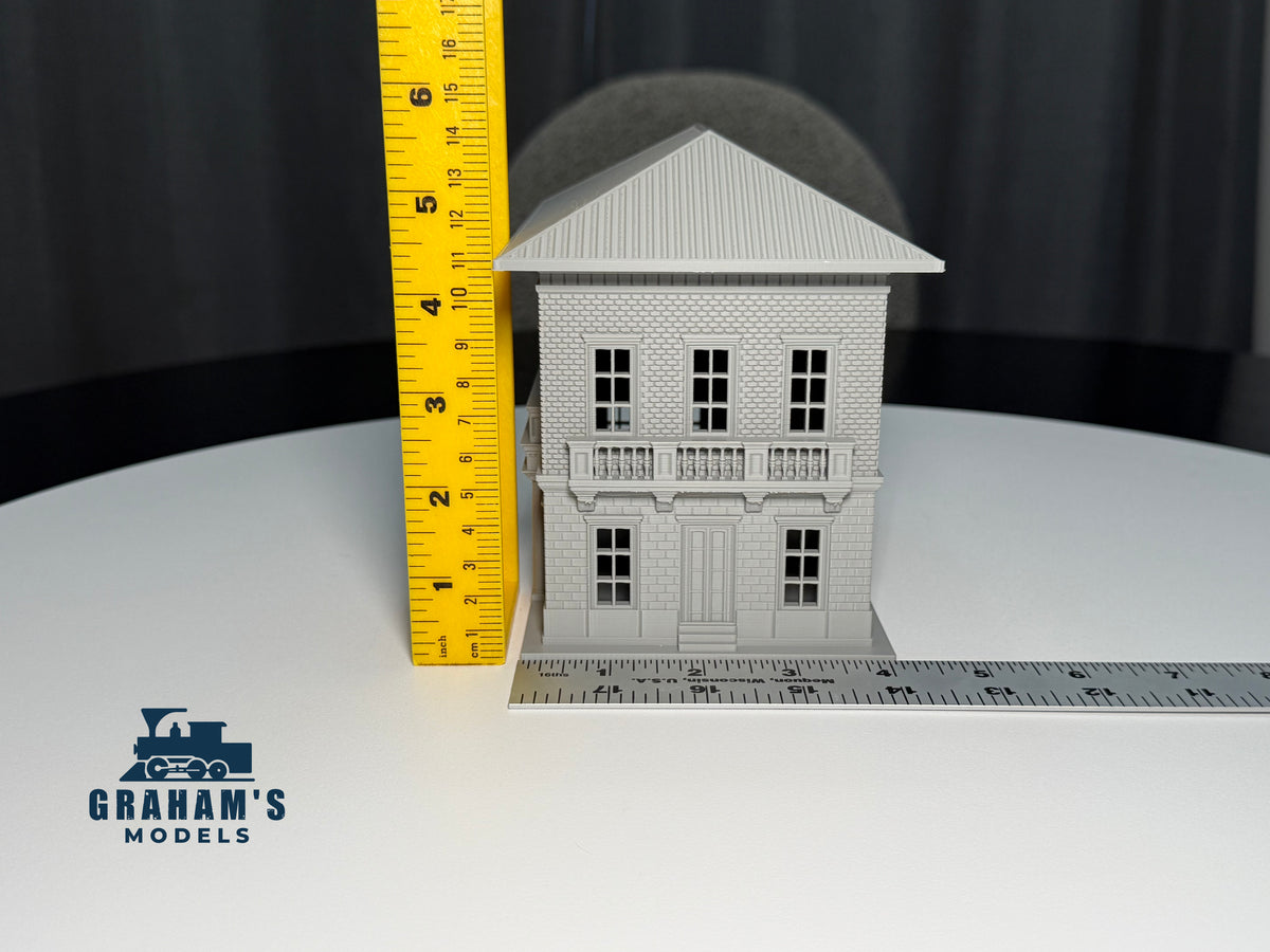 Detailed small HO scale train station by Graham’s Models, fully built and assembled for model railway layouts.