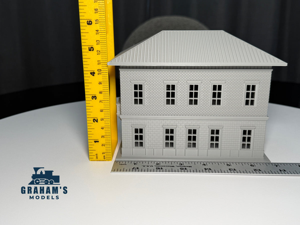 Small HO scale train station built and assembled by Graham’s Models, detailed model with platform and station building.