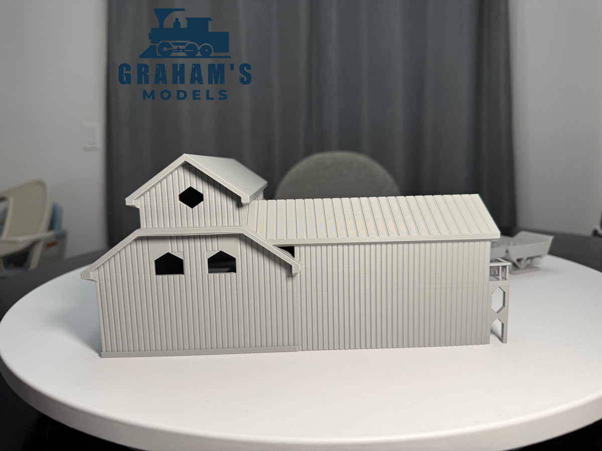 HO scale sawmill lumber yard model by Graham’s Models, preassembled and built for 1:87 gauge train layouts.