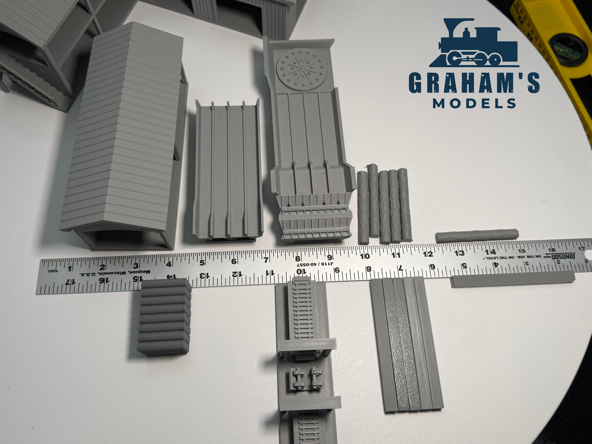 Preassembled HO scale sawmill lumber yard model by Graham’s Models, detailed miniature for model train layouts